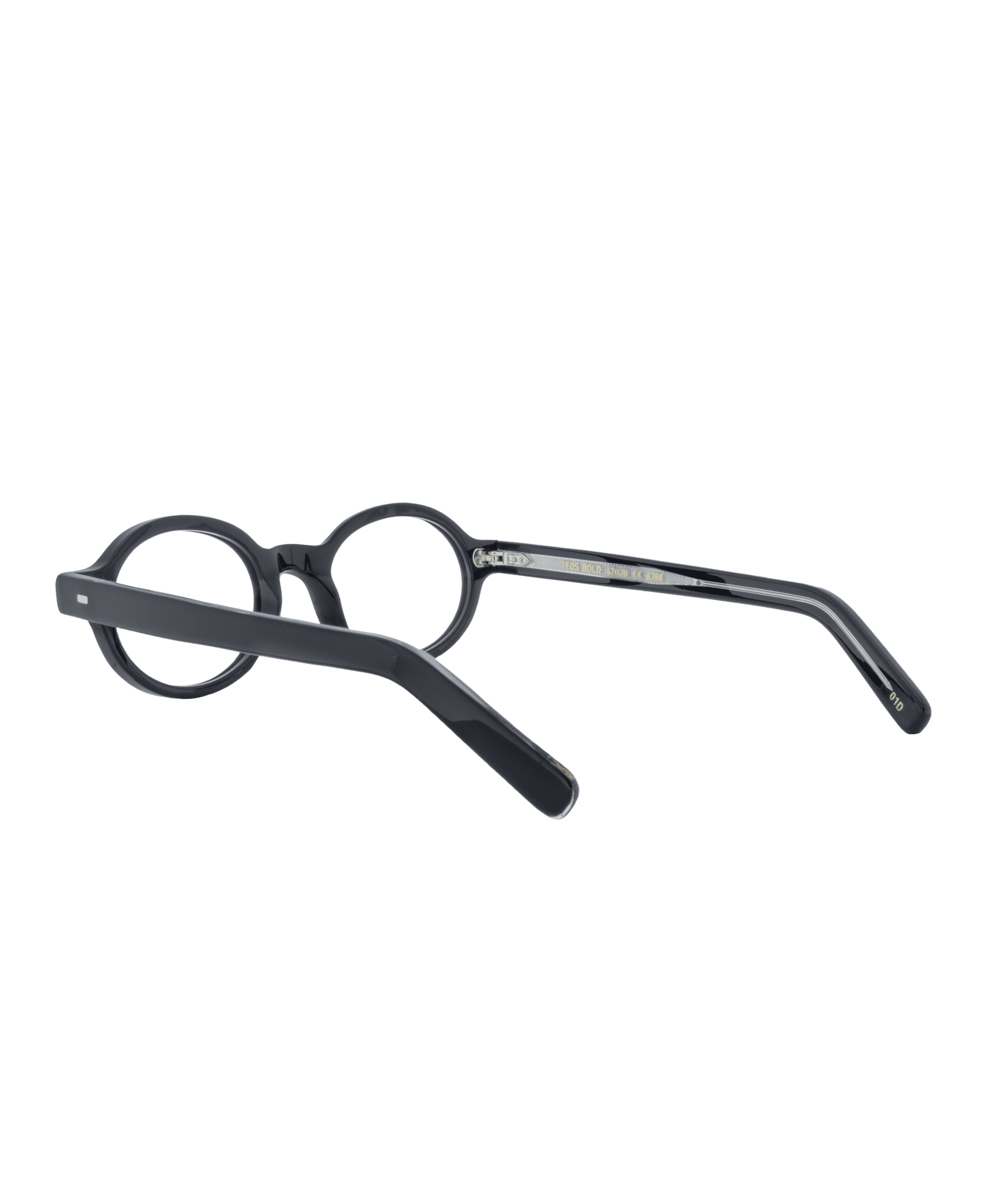 Une paire de lunettes TEOS noires et rondes, vue de dos avec les branches déployées sur un fond blanc uni - un style classique de La lunetterie VU à Montréal.