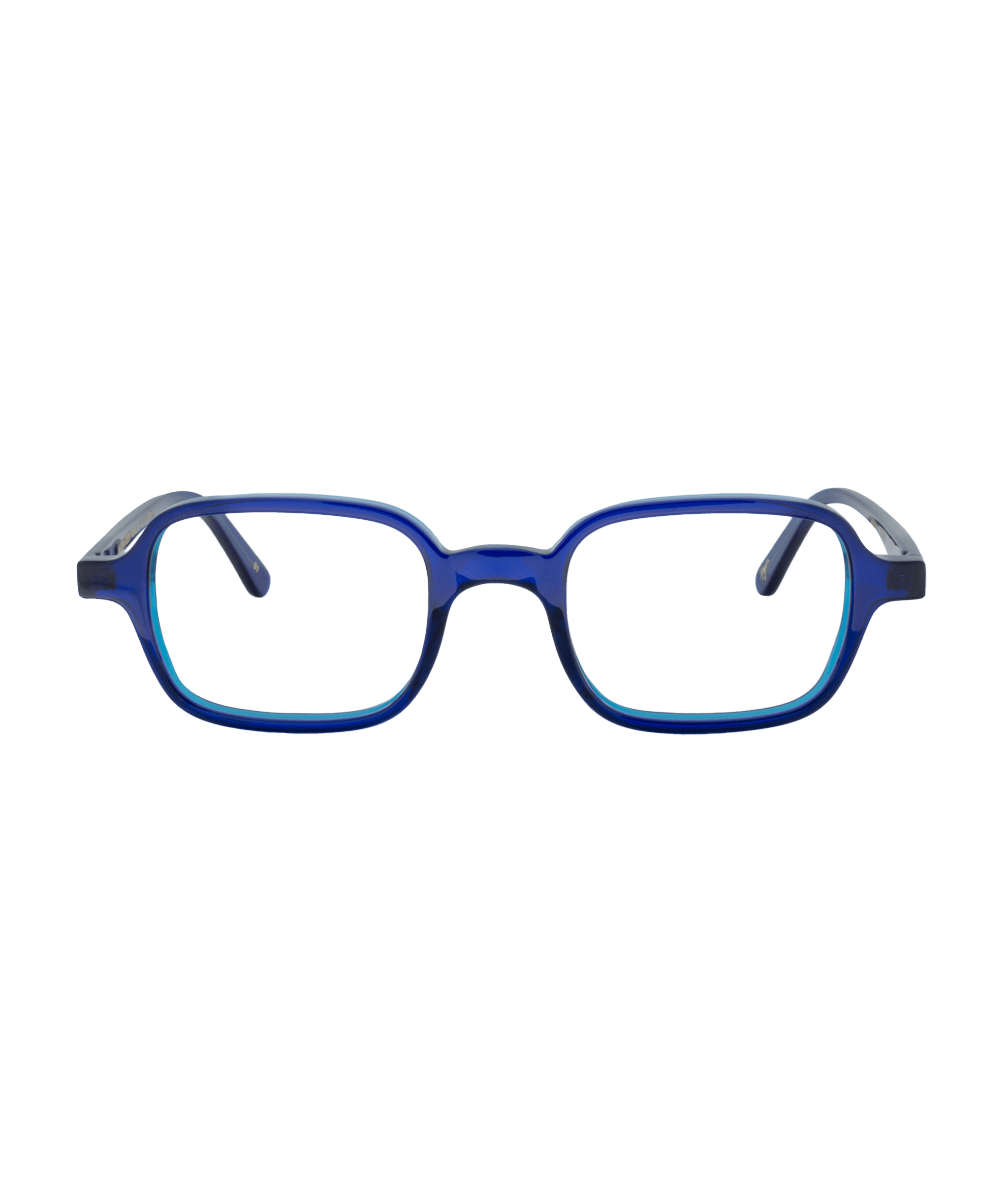 MARRAKECH blue rectangular eyeglasses with clear lenses, shown front-facing on a white background. Featuring a modern design with slightly rounded corners and straight arms, they embody the sleek style of La lunetterie VU à Montréal.