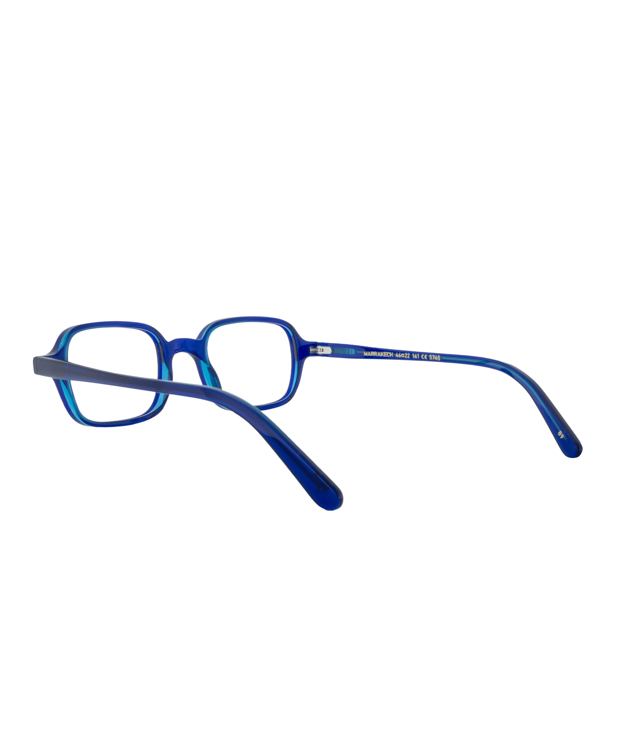 La MARRAKECH, une paire de lunettes rectangulaires bleues de La lunetterie VU à Montréal, est présentée de dos avec les branches allongées et les verres orientés vers l'extérieur sur un fond blanc uni.