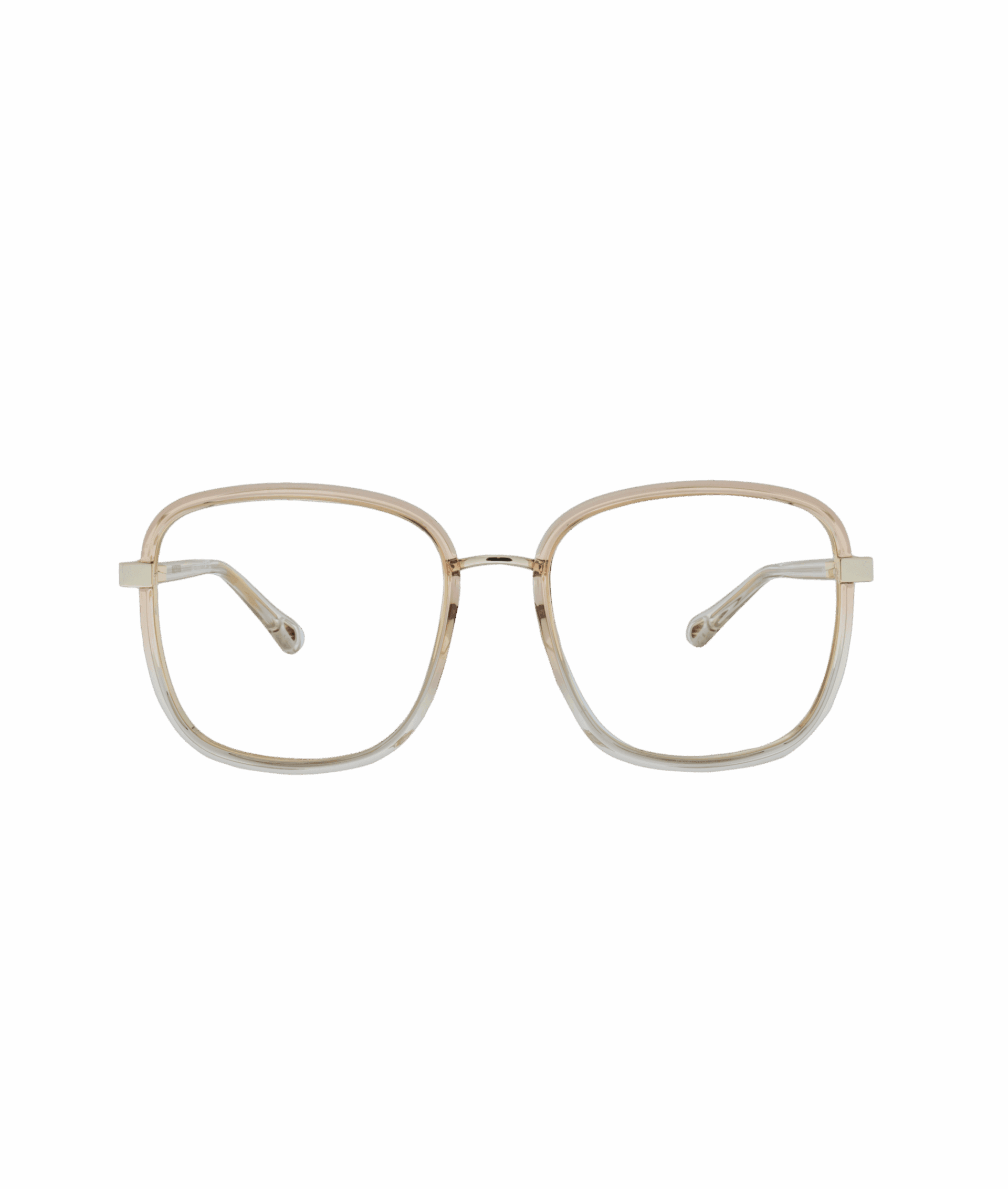 Les lunettes 0034O en métal doré de La lunetterie VU à Montréal se caractérisent par de larges montures carrées à bords fins, présentées sur un fond blanc uni.