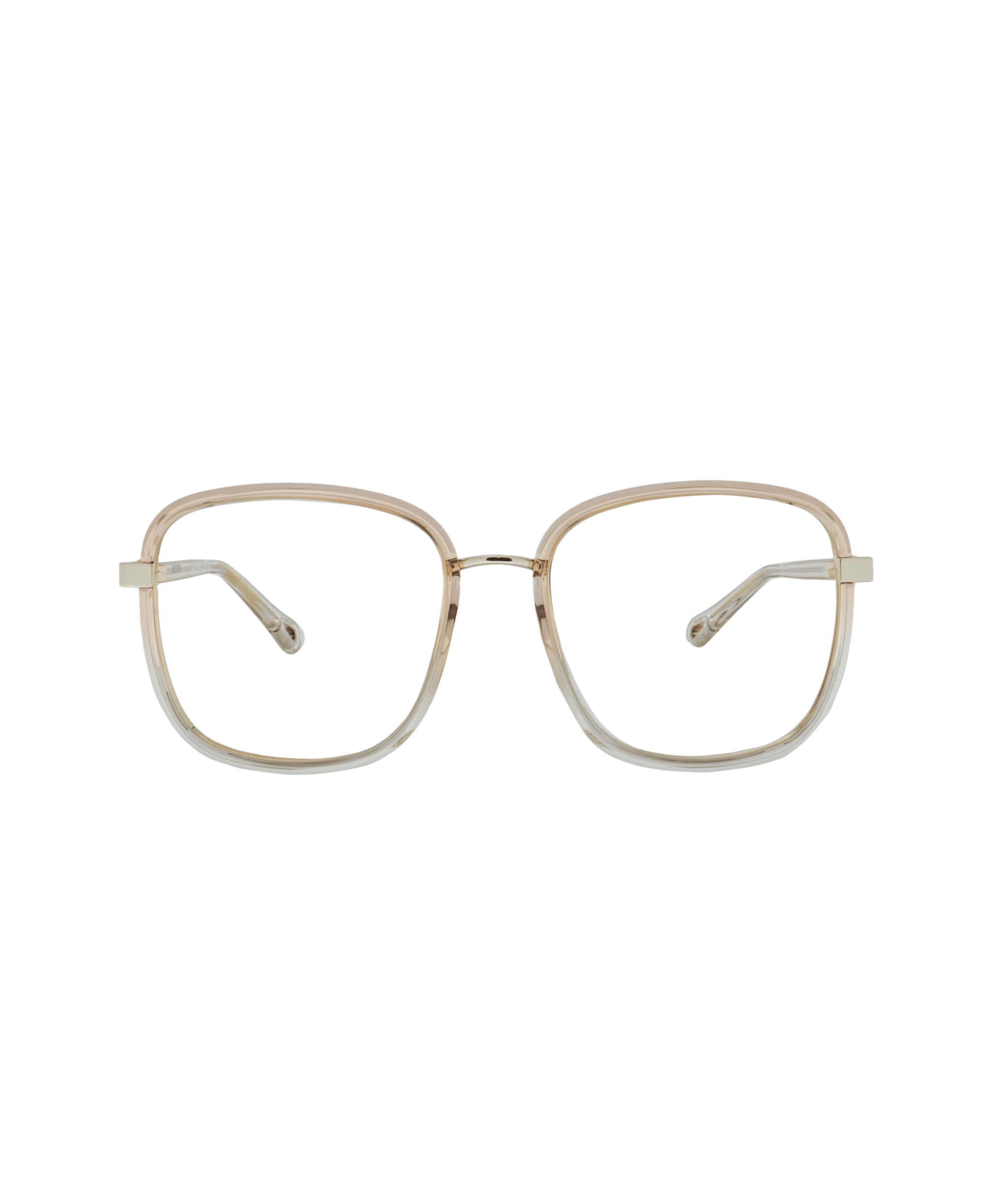 The 0034O eyeglasses from La lunetterie VU à Montréal feature large, square-shaped light gold metal frames and clear nose pads, shown on a white background.