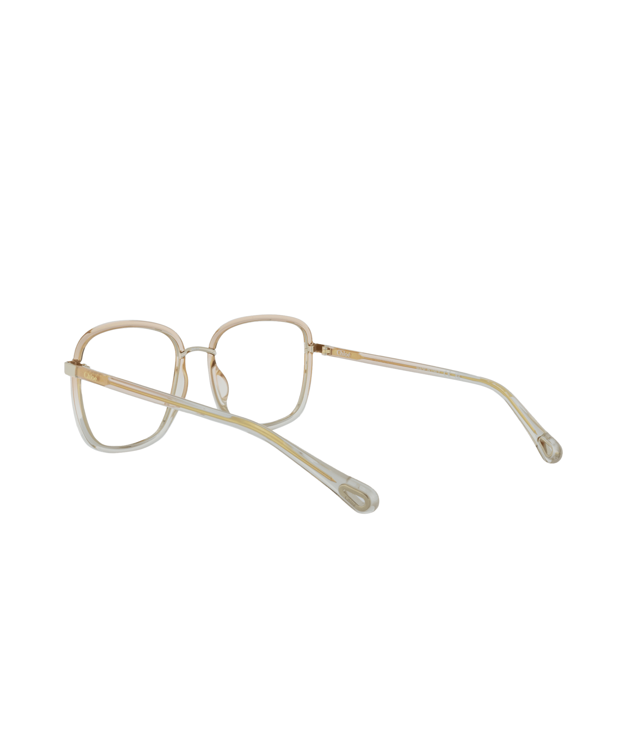 The 0034O is a pair of transparent, light beige square eyeglasses with thin temples from La lunetterie VU à Montréal, shown on a plain white background and viewed from the rear.