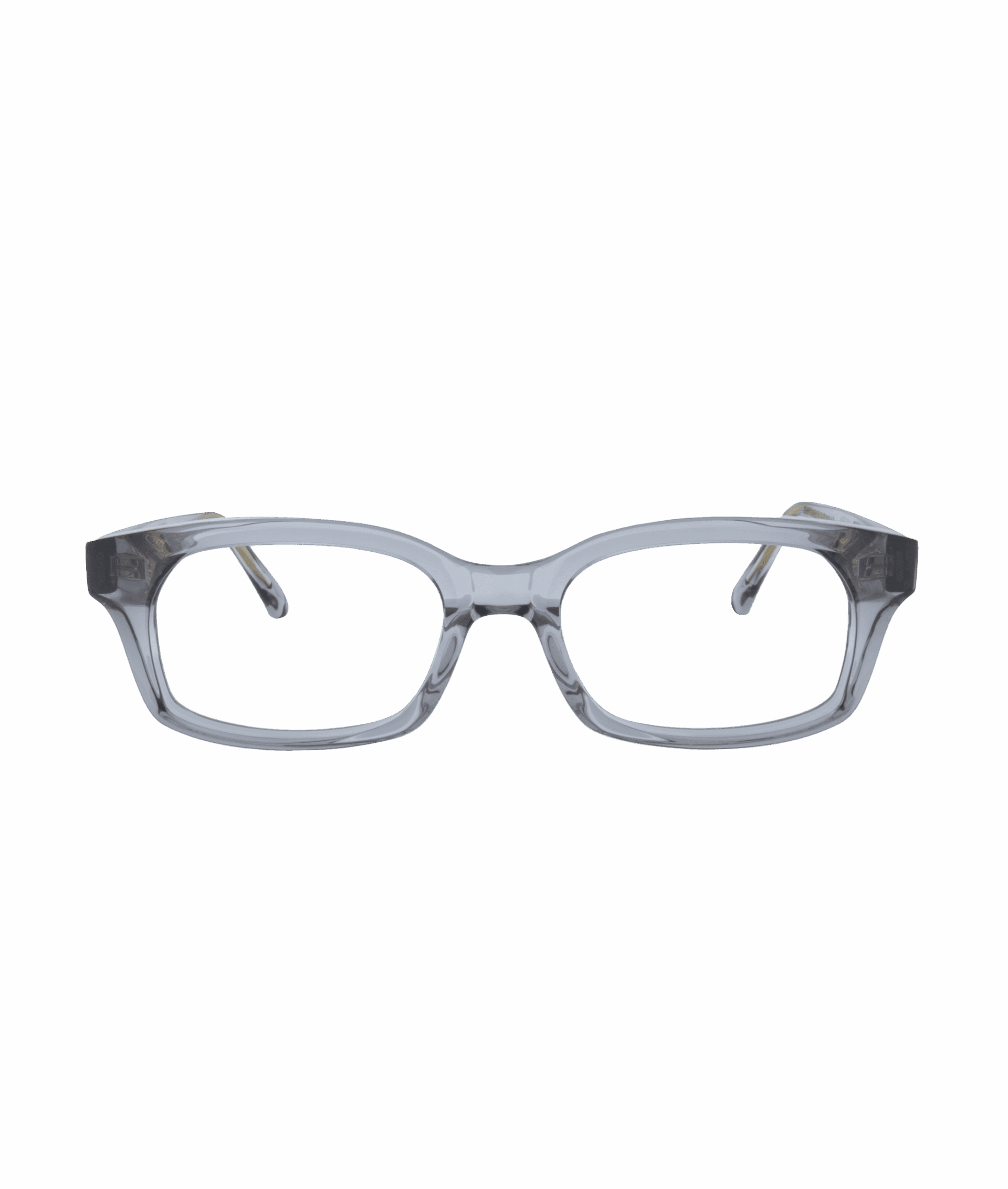 The DEFENDER eyeglasses feature thick, transparent gray rectangular frames and straight arms, displayed facing forward on a white background. Available at La lunetterie VU à Montréal for a modern, sophisticated style.