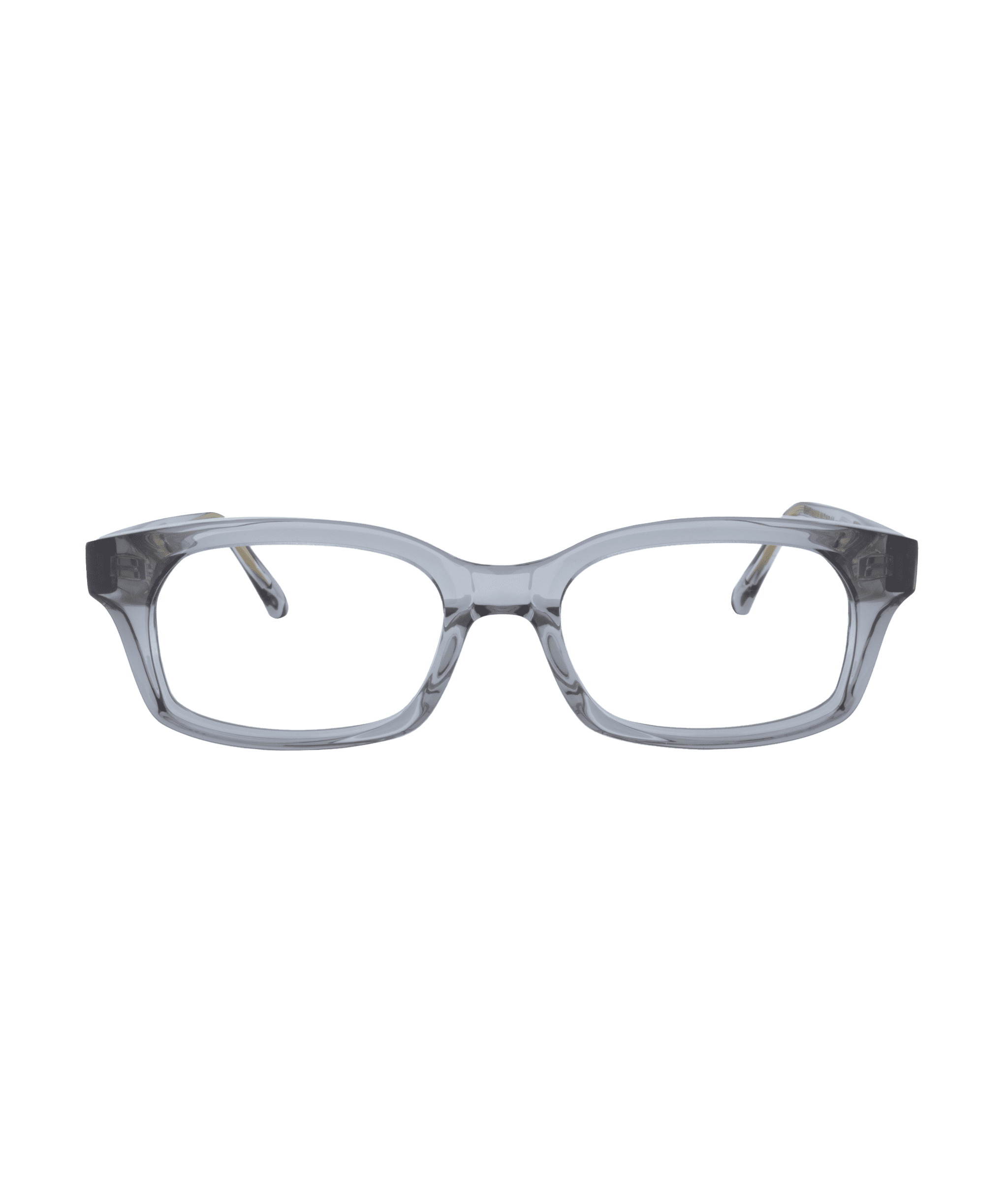 The DEFENDER eyeglasses feature thick, transparent gray rectangular frames and straight arms, displayed facing forward on a white background. Available at La lunetterie VU à Montréal for a modern, sophisticated style.