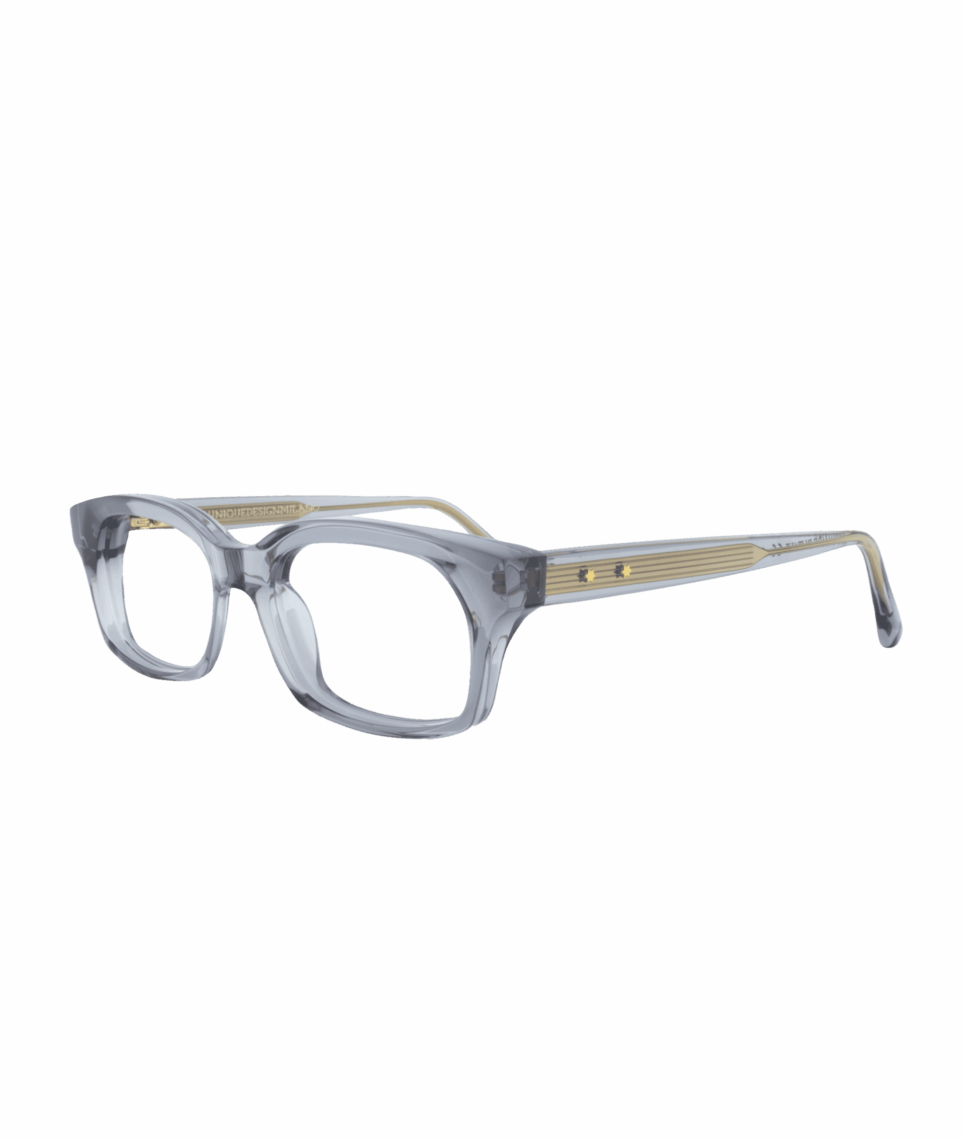 Show off a bold style with this chunky rectangular frame, handcrafted in Italy, that combines strength and lightness. Its translucent crystal grey hue softens the angular lines, adding a touch of fluidity and modernity to its bold design.