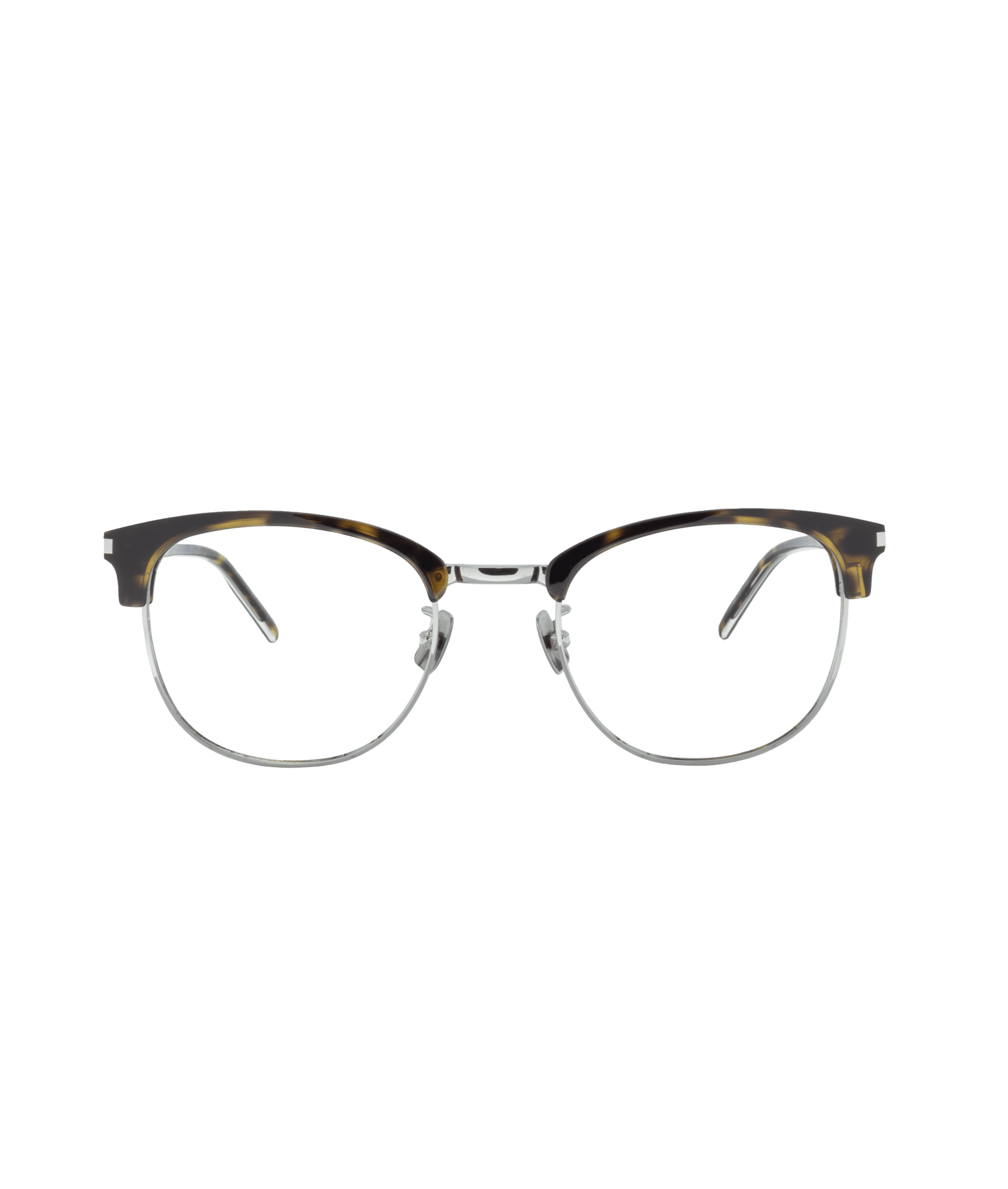 Vue avant des lunettes 779 de La lunetterie VU à Montréal, comprenant une monture en métal argenté avec des bords supérieurs en écaille brun foncé, des verres transparents et des plaquettes de nez, présentées sur un fond blanc uni.