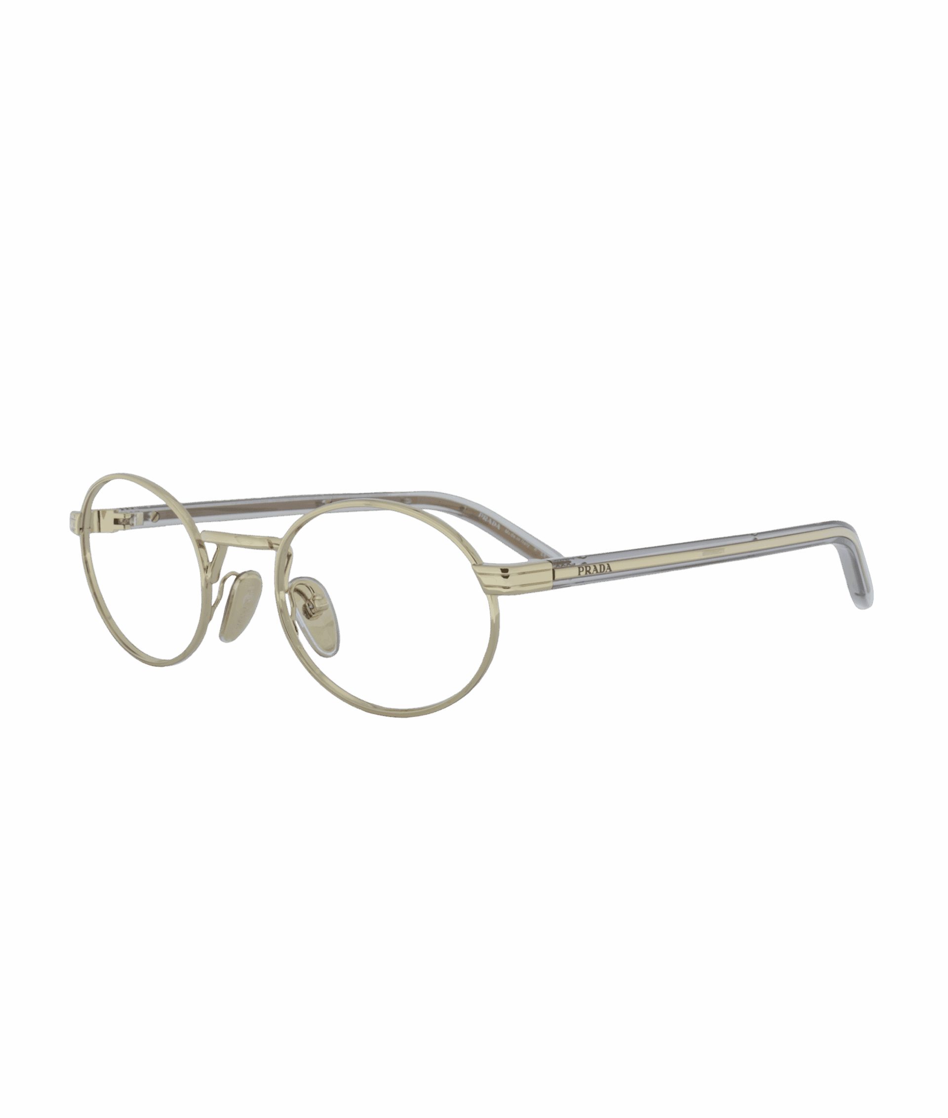 Golden Prada frame with a refined design, this oval pair embodies contemporary elegance. Its trendy shape and lightweight metal structure ensure comfort and style for everyday wear. Perfect for a look that is both chic and timeless.