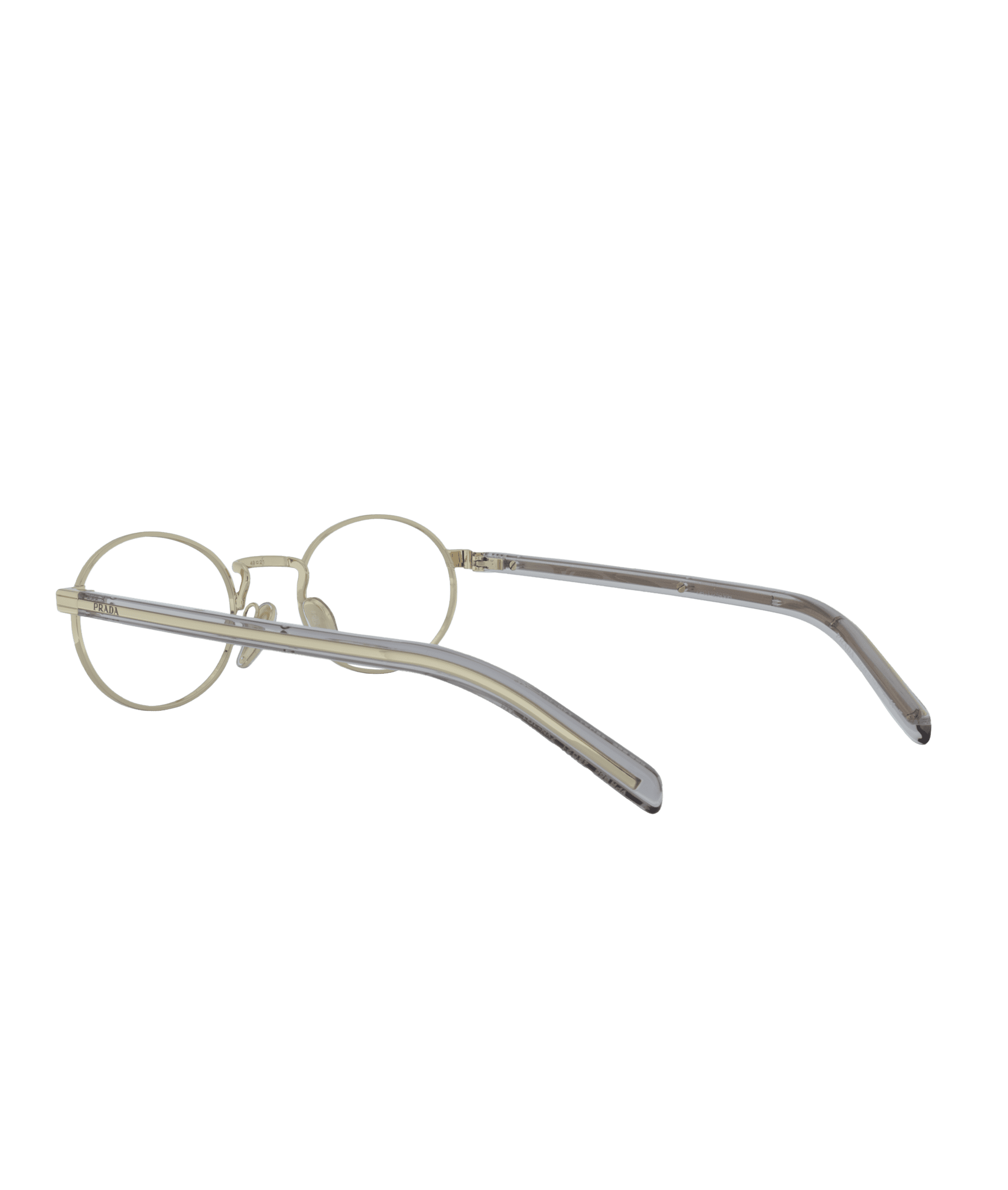 Les lunettes B55V de La lunetterie VU à Montréal ont une monture ronde argentée et des branches transparentes, montrées de côté sur un fond blanc uni.