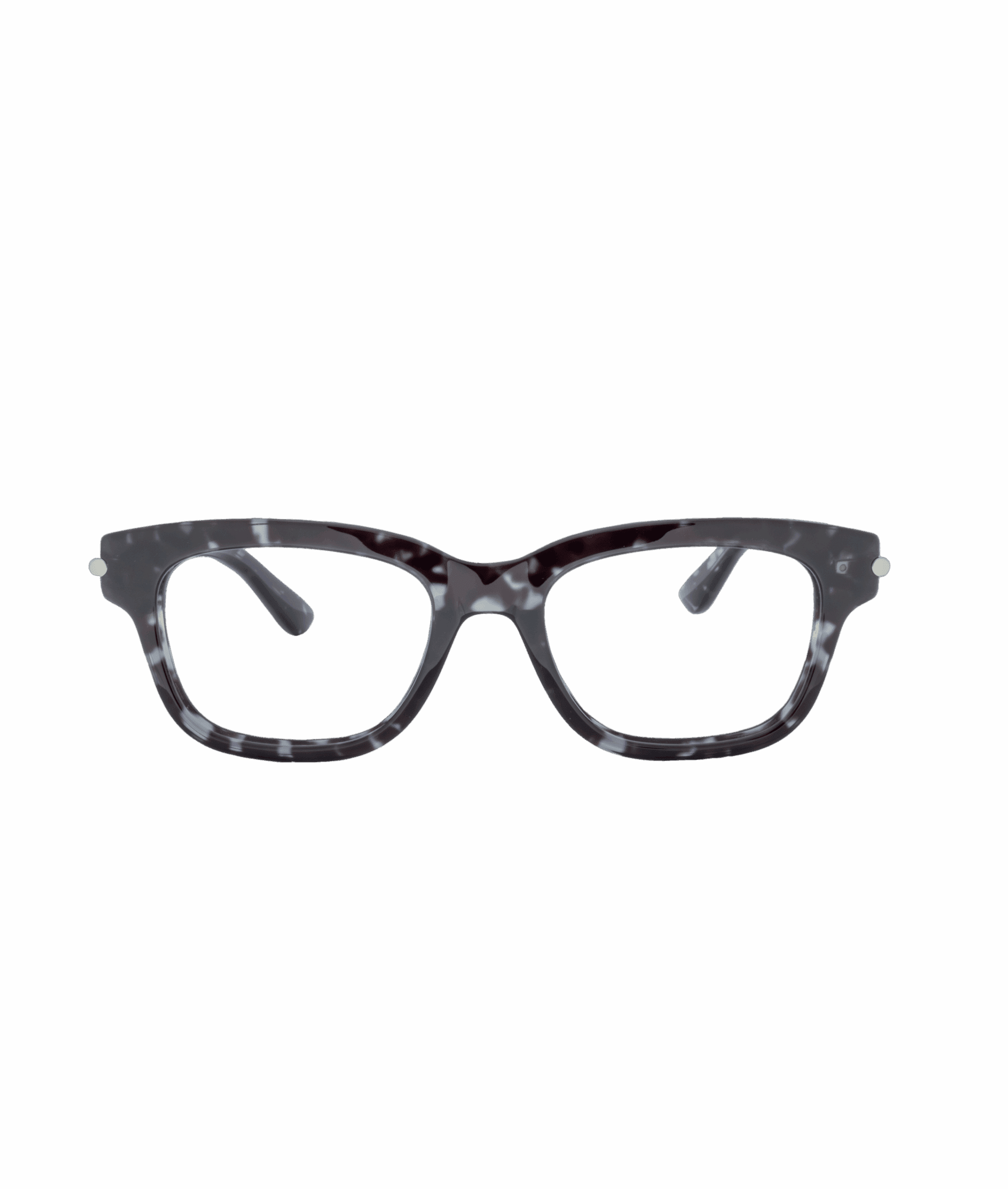 Black and white tortoiseshell cat-eye eyeglasses (model 0497O) with a glossy finish and clear lenses, shown on a white background. Find this stylish pair at La lunetterie VU in Montréal.