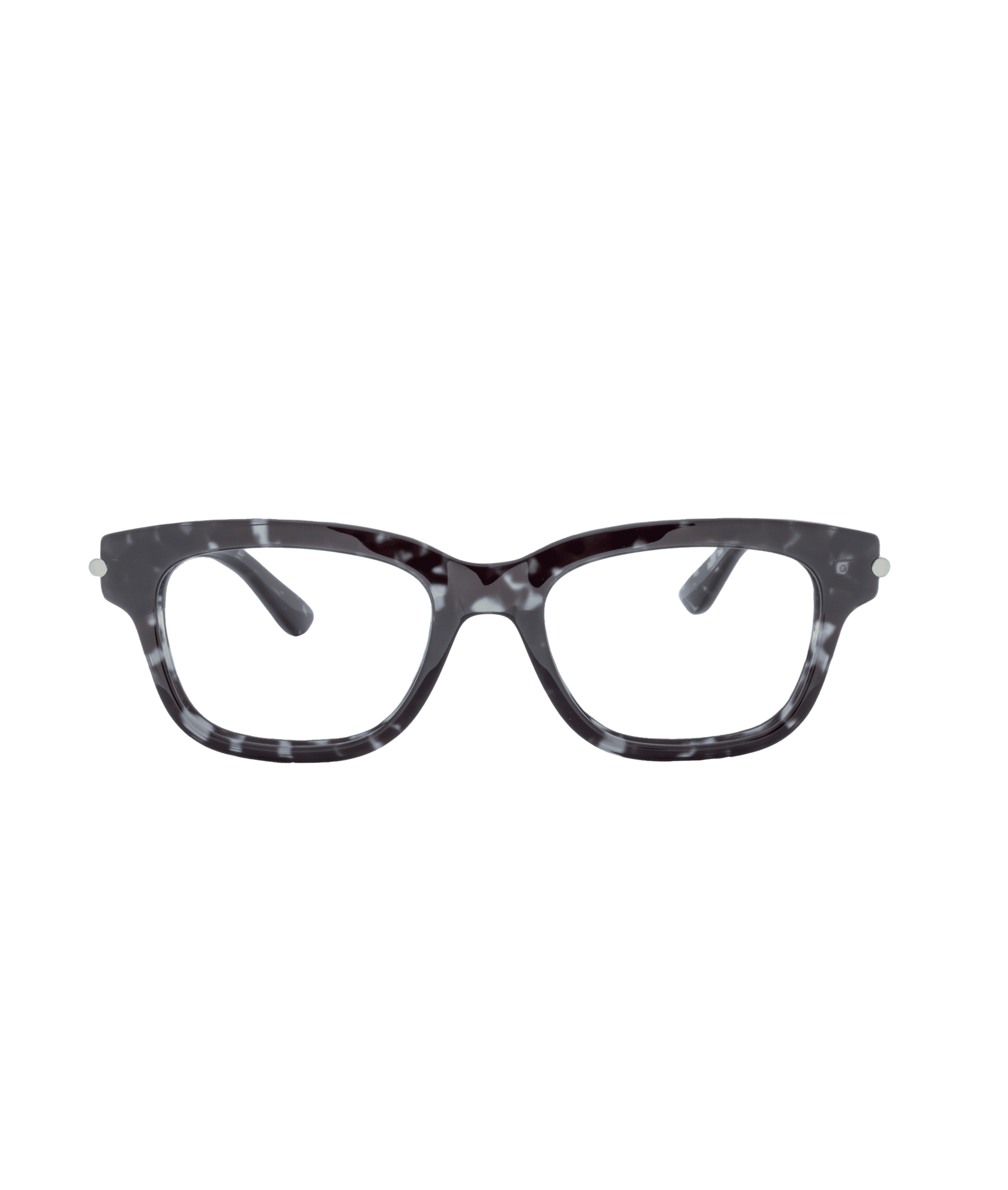 Black and white tortoiseshell cat-eye eyeglasses (model 0497O) with a glossy finish and clear lenses, shown on a white background. Find this stylish pair at La lunetterie VU in Montréal.
