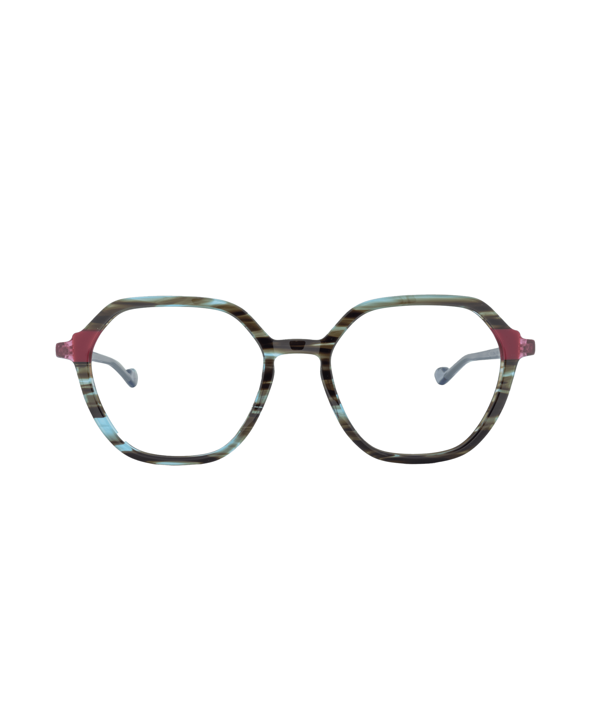 The LESS-ACE-2388 eyeglasses from La lunetterie VU in Montréal feature round, multicolored frames with dark green and light blue stripes, red temple accents, and light earpieces, shown on a white background.