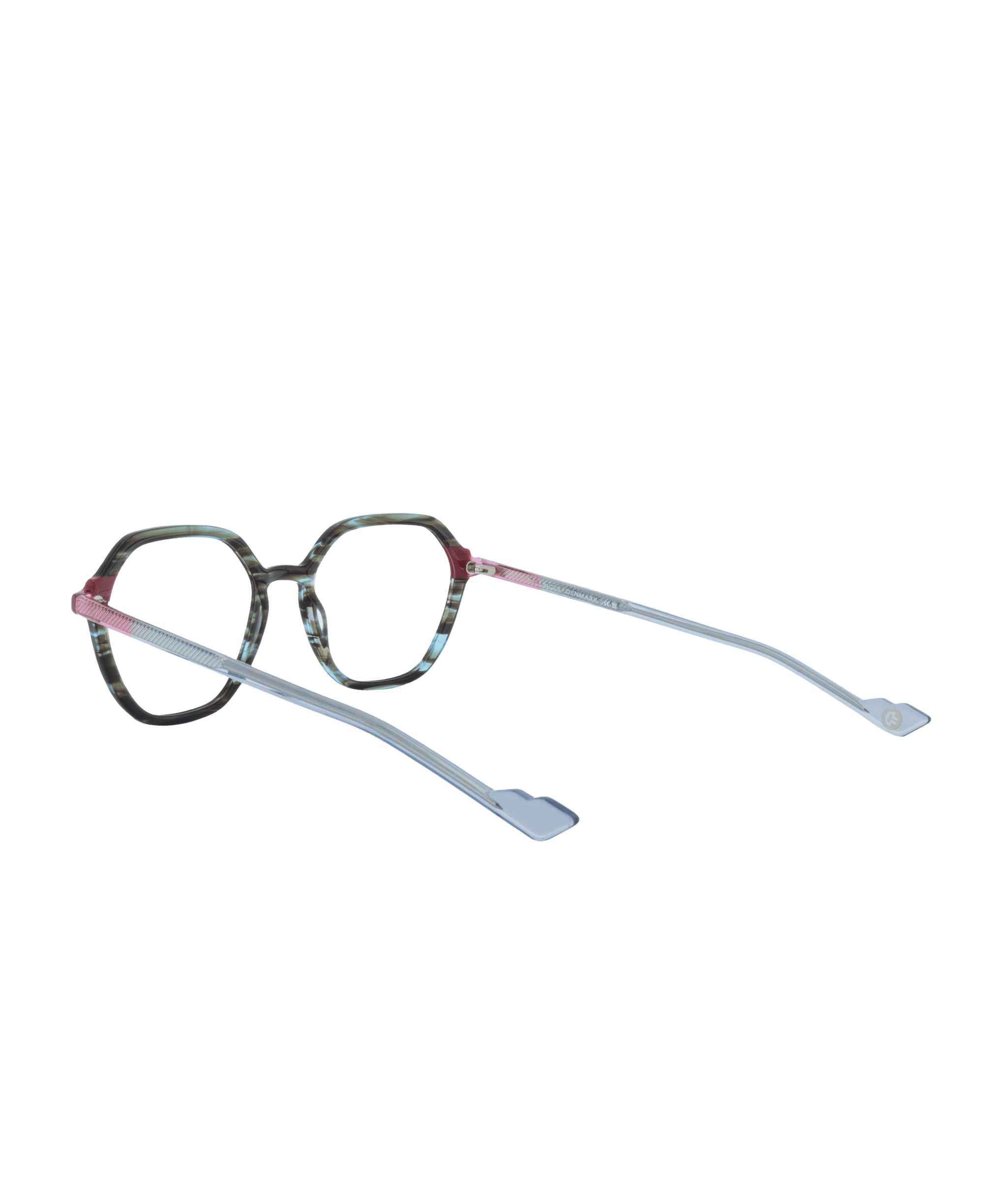 The LESS-ACE-2388 features hexagonal eyeglasses with multicolored frames, pink hinges, and long light blue temples—uniquely styled by La lunetterie VU à Montréal and shown on a white background.