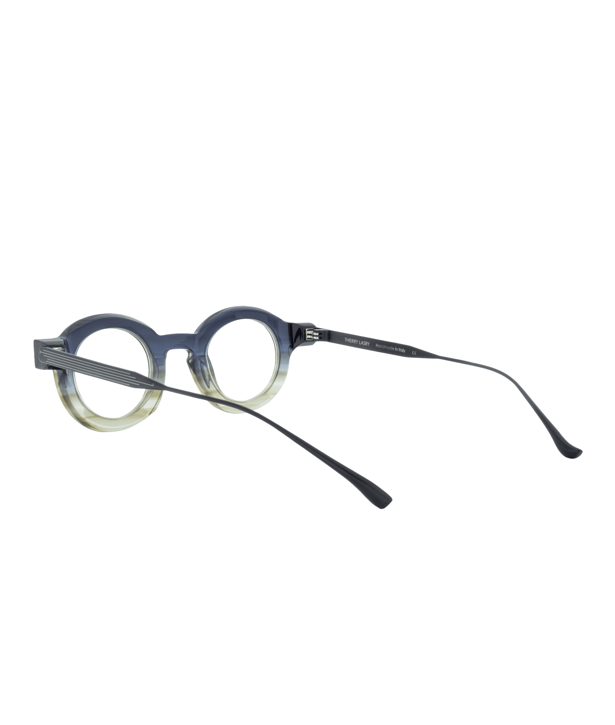 Lunettes rondes NEURDI à monture bleu foncé virant au vert clair dans le bas, montrées de dos avec de longs et fins bras noirs étendus vers l'extérieur sur fond blanc, fabriquées par La lunetterie VU à Montréal.