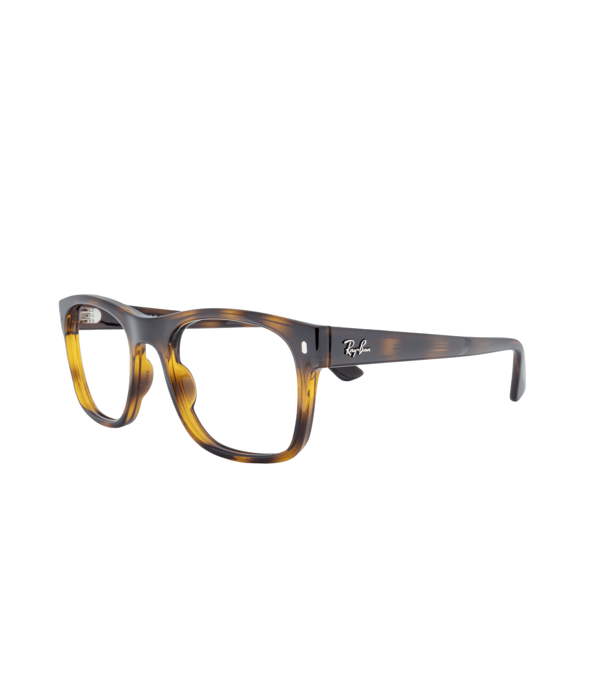 Tortoiseshell rectangular eyeglasses with thick frames and Ray-Ban logo on the temples, available at La lunetterie VU à Montréal, shown on a white background.