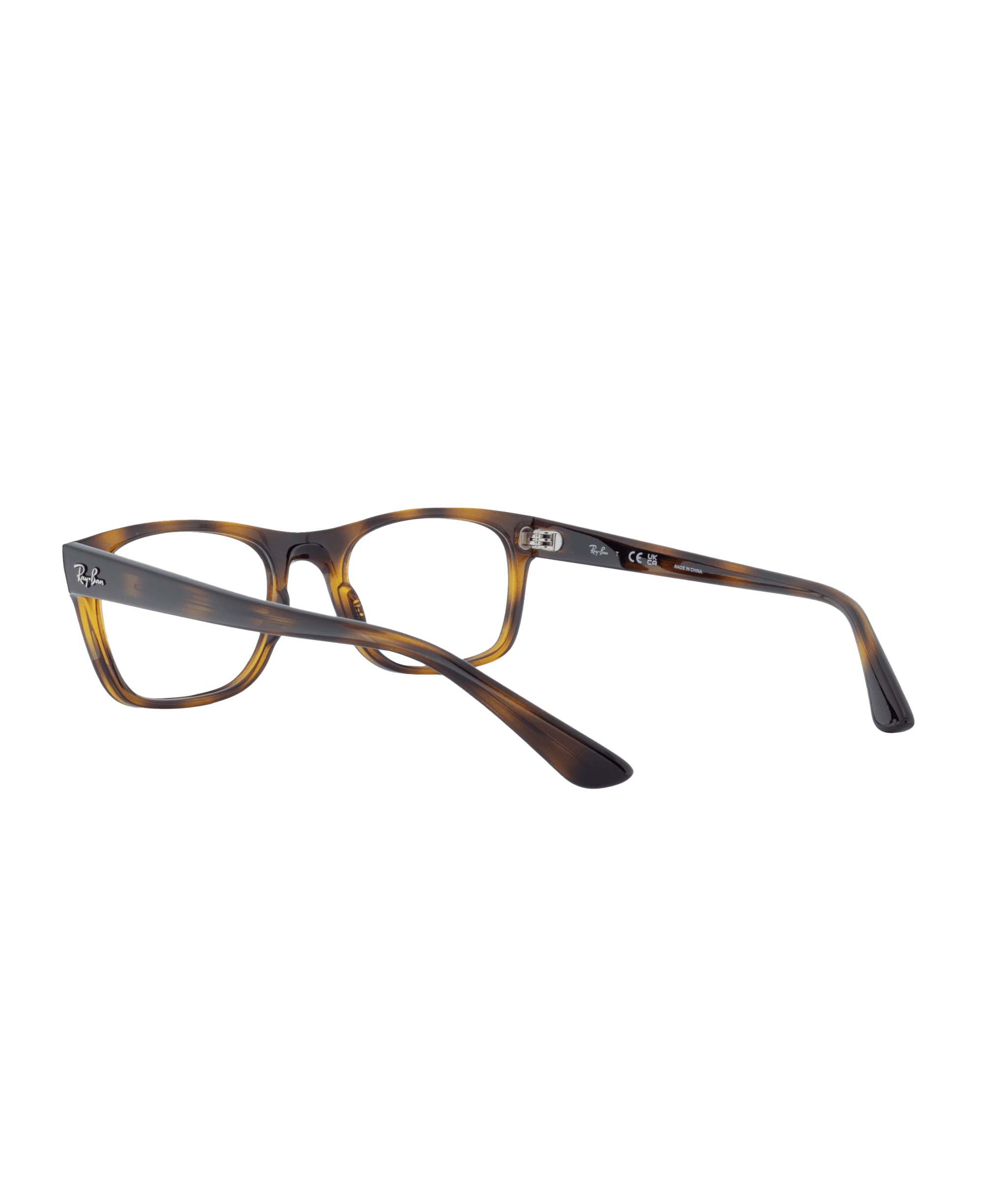 A pair of rectangular Ray-Ban eyeglass frames in a brown tortoiseshell pattern, shown from the back with the arms open on a plain white background, available at La lunetterie VU à Montréal.
