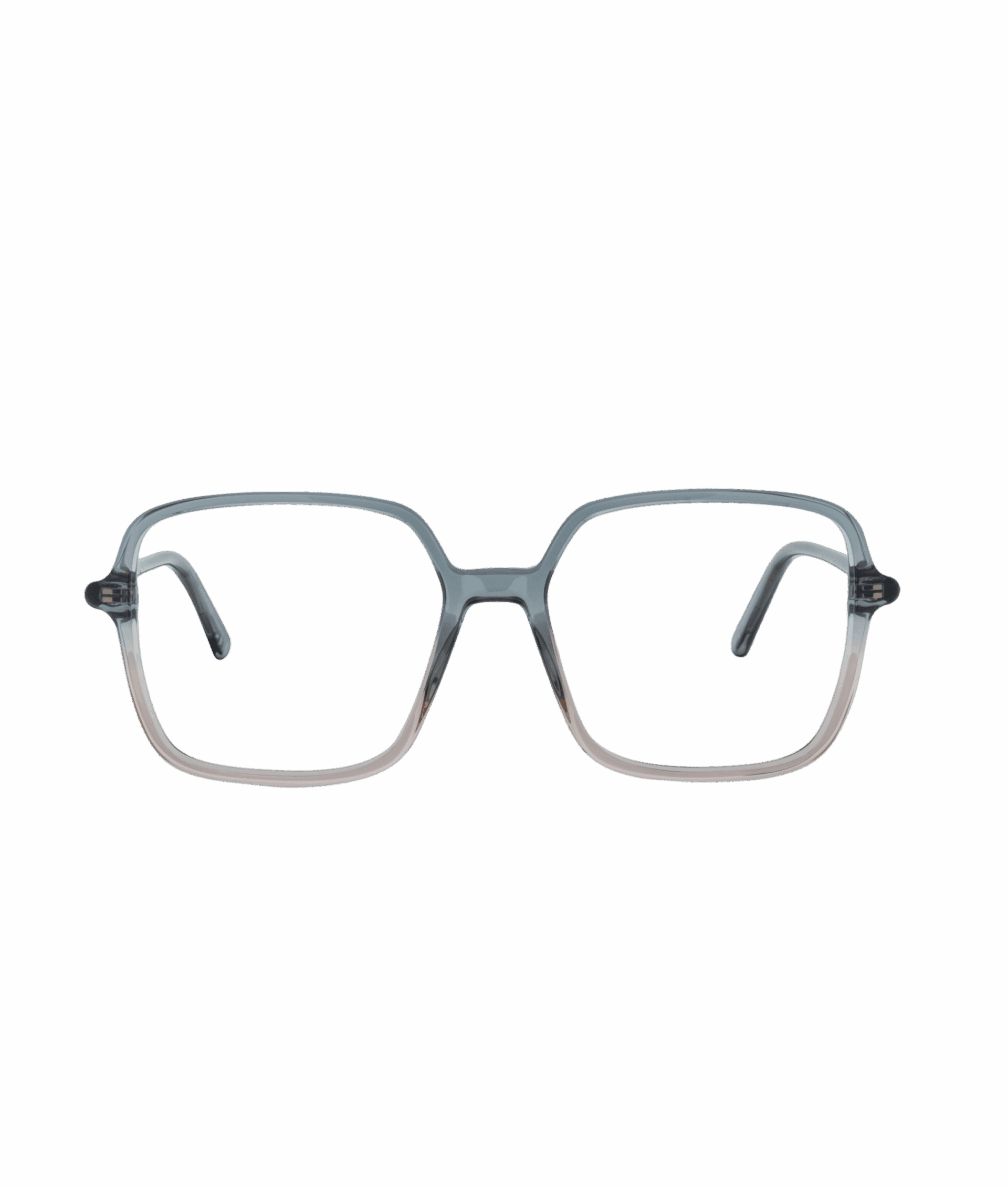 A pair of eyeglasses with large, square-shaped frames in a translucent gray color, from La lunetterie VU à Montréal, displayed on a white background.