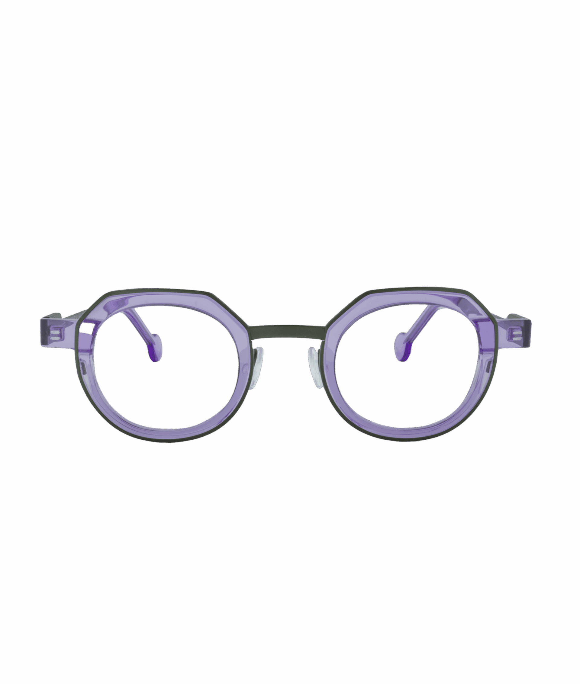 A pair of eyeglasses with thick, geometric purple frames and round lenses, viewed from the front against a plain white background, reflecting the unique style of La lunetterie VU à Montréal.