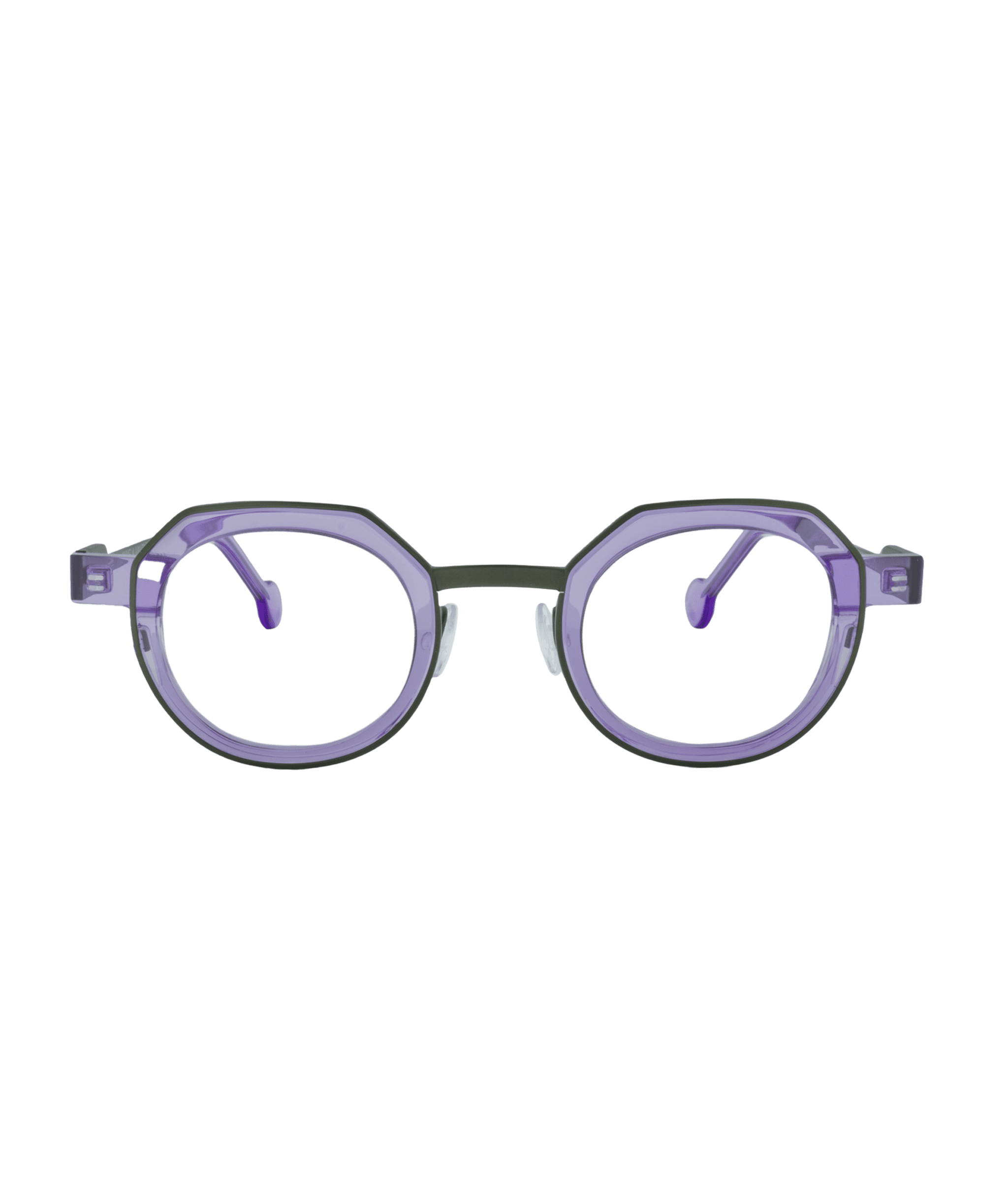 BALKA : Lunettes octogonales modernes et géométriques de couleur violette avec des verres transparents et des plaquettes de nez visibles, montrées de face sur un fond blanc. Conçues par La lunetterie VU à Montréal.