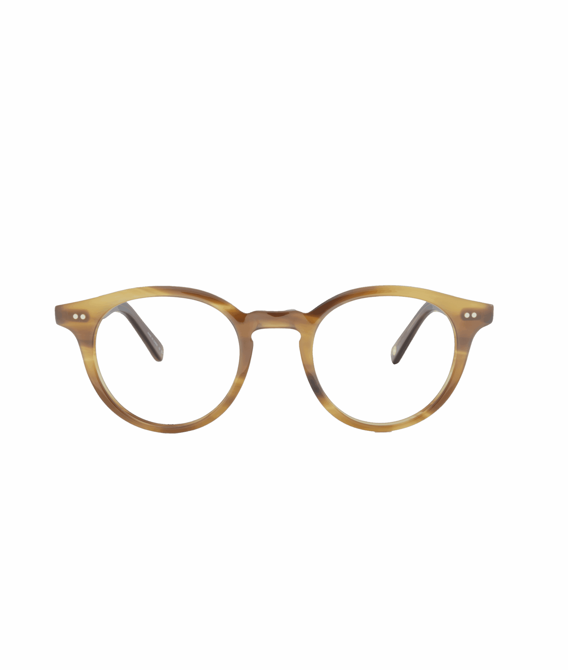 Round, tortoiseshell eyeglasses with a light brown and tan pattern, featuring two small silver dots on each side of the front frame, showcased by La lunetterie VU à Montréal against a plain white background.