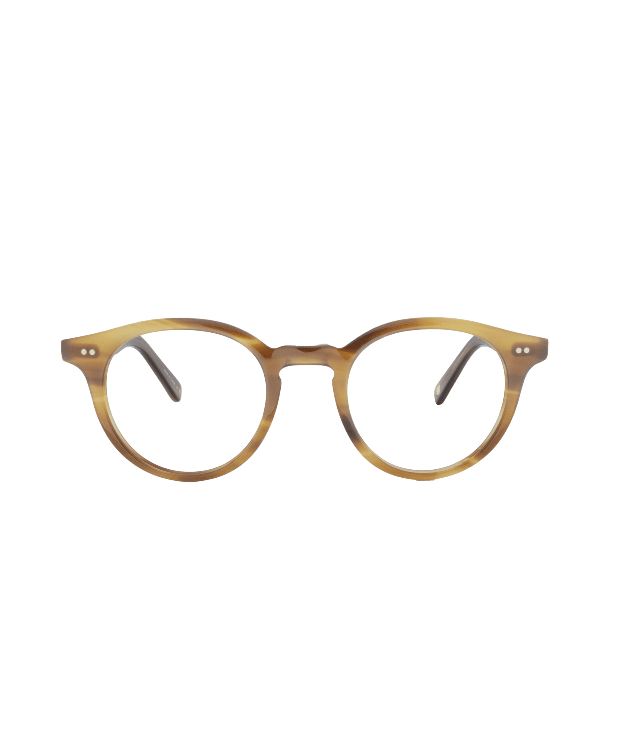 Round, tortoiseshell eyeglasses with a light brown and tan pattern, featuring two small silver dots on each side of the front frame, showcased by La lunetterie VU à Montréal against a plain white background.