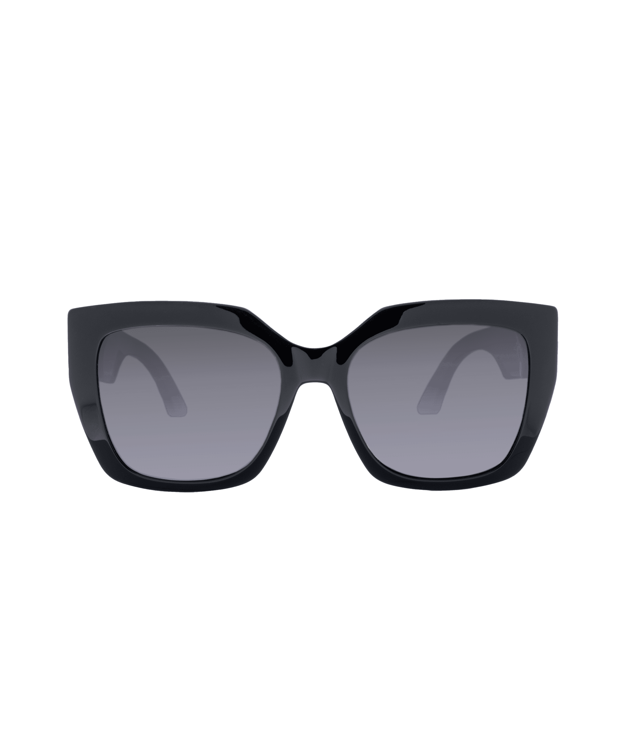 Front view of black, square-shaped sunglasses with thick frames and dark gradient lenses, displayed on a plain white background. Discover this stylish pair exclusively at La lunetterie VU à Montréal.