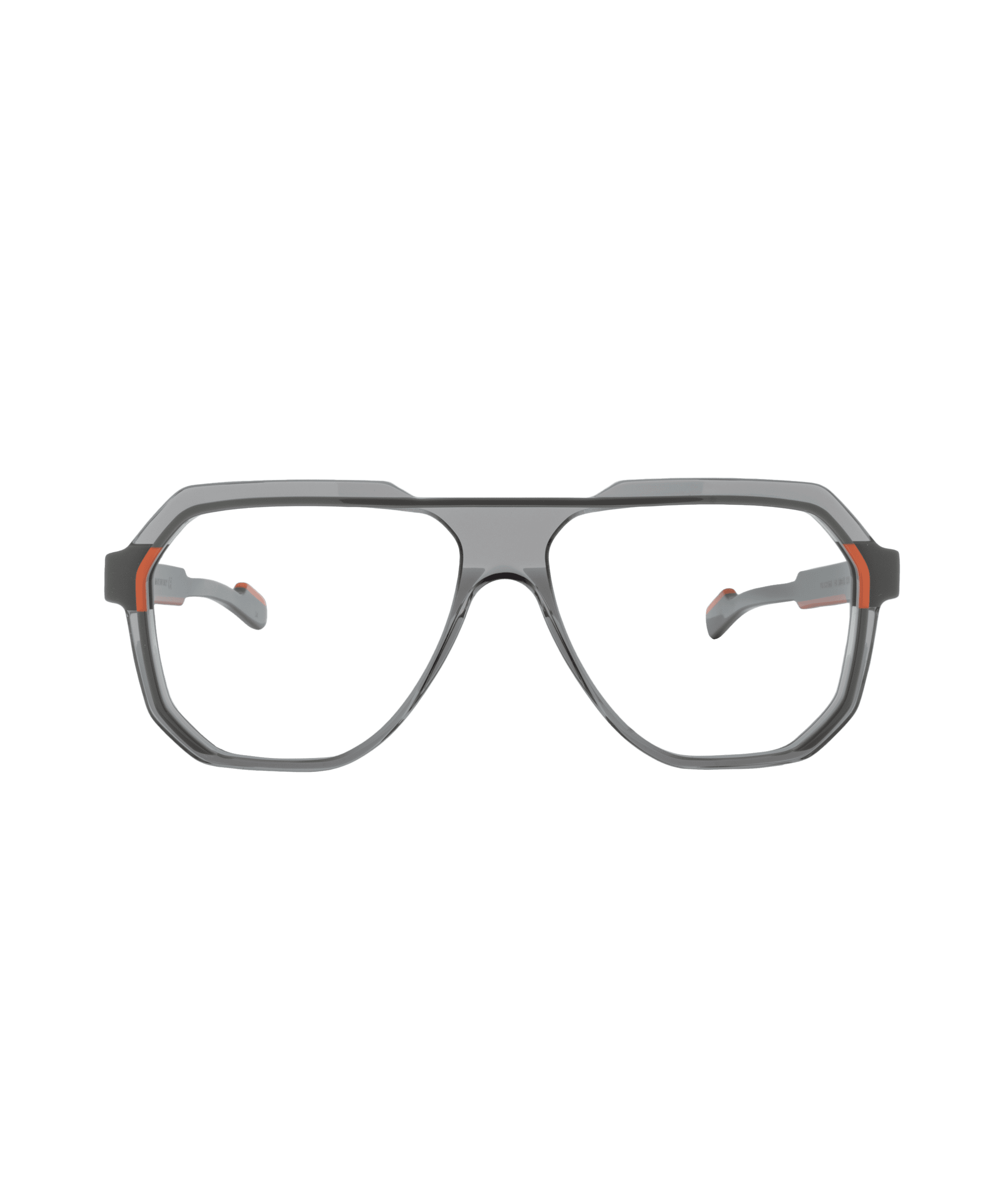 POLICROMIE140 : Lunettes aviateur géométriques grises avec de subtils accents orange sur les branches de La lunetterie VU à Montréal, présentées sur un fond blanc uni.