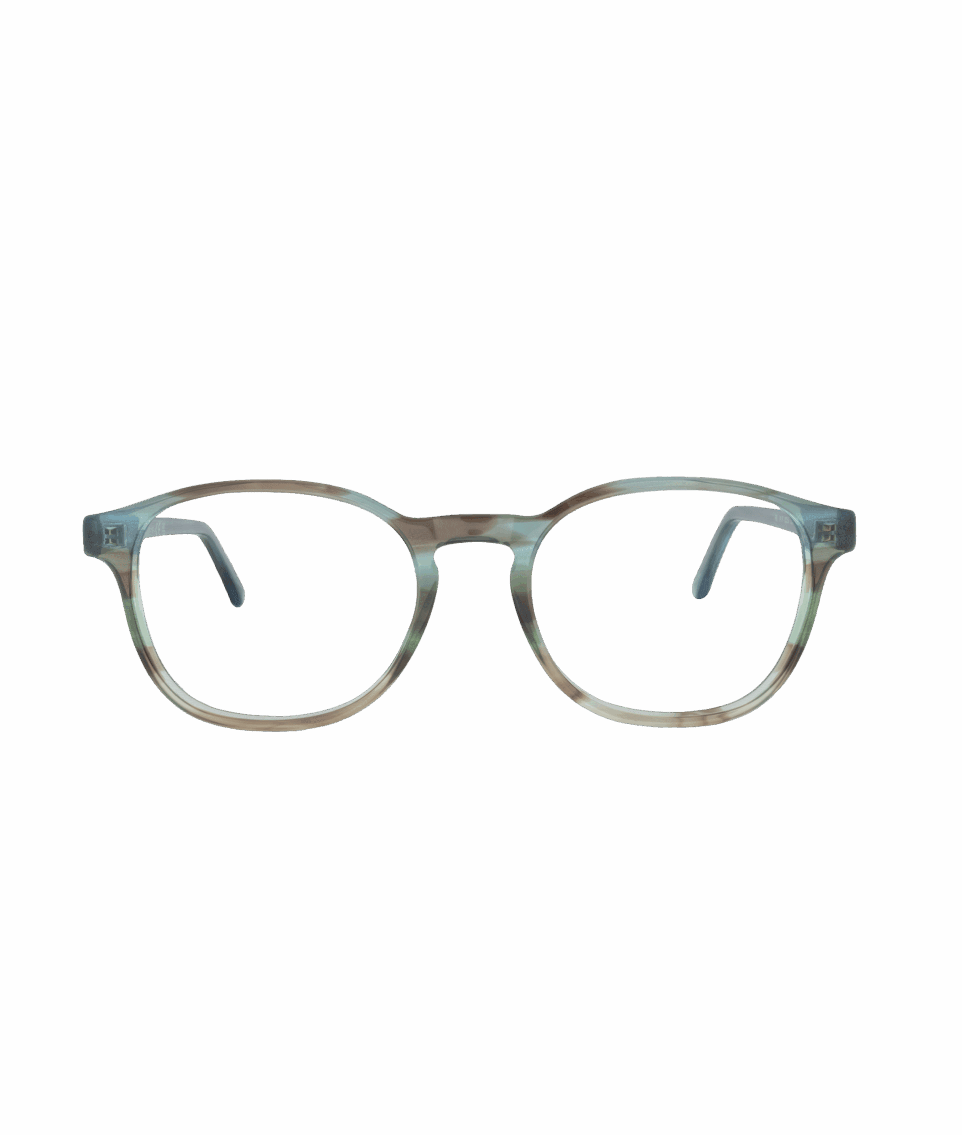 A pair of eyeglasses with round, translucent frames in a gradient of light green and brown colors, shown against a plain white background, from La lunetterie VU à Montréal.