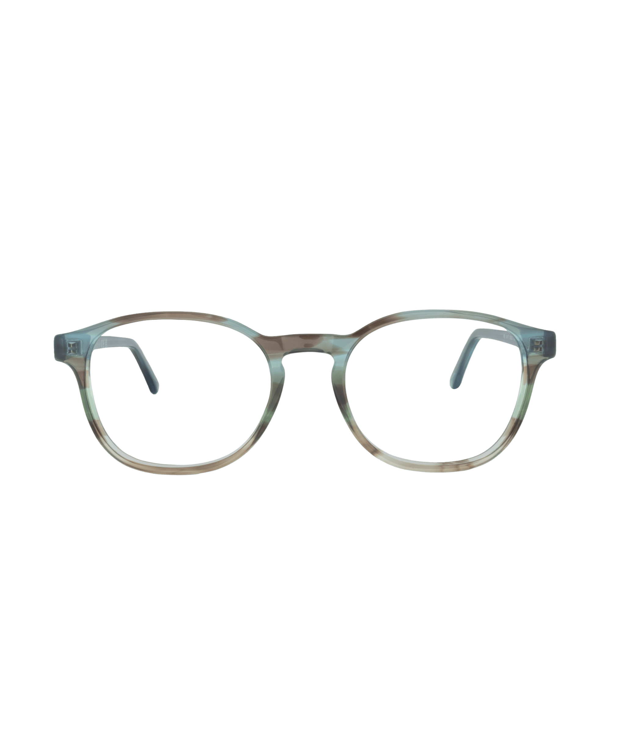 A pair of eyeglasses with round, translucent frames in a gradient of light green and brown colors, shown against a plain white background, from La lunetterie VU à Montréal.