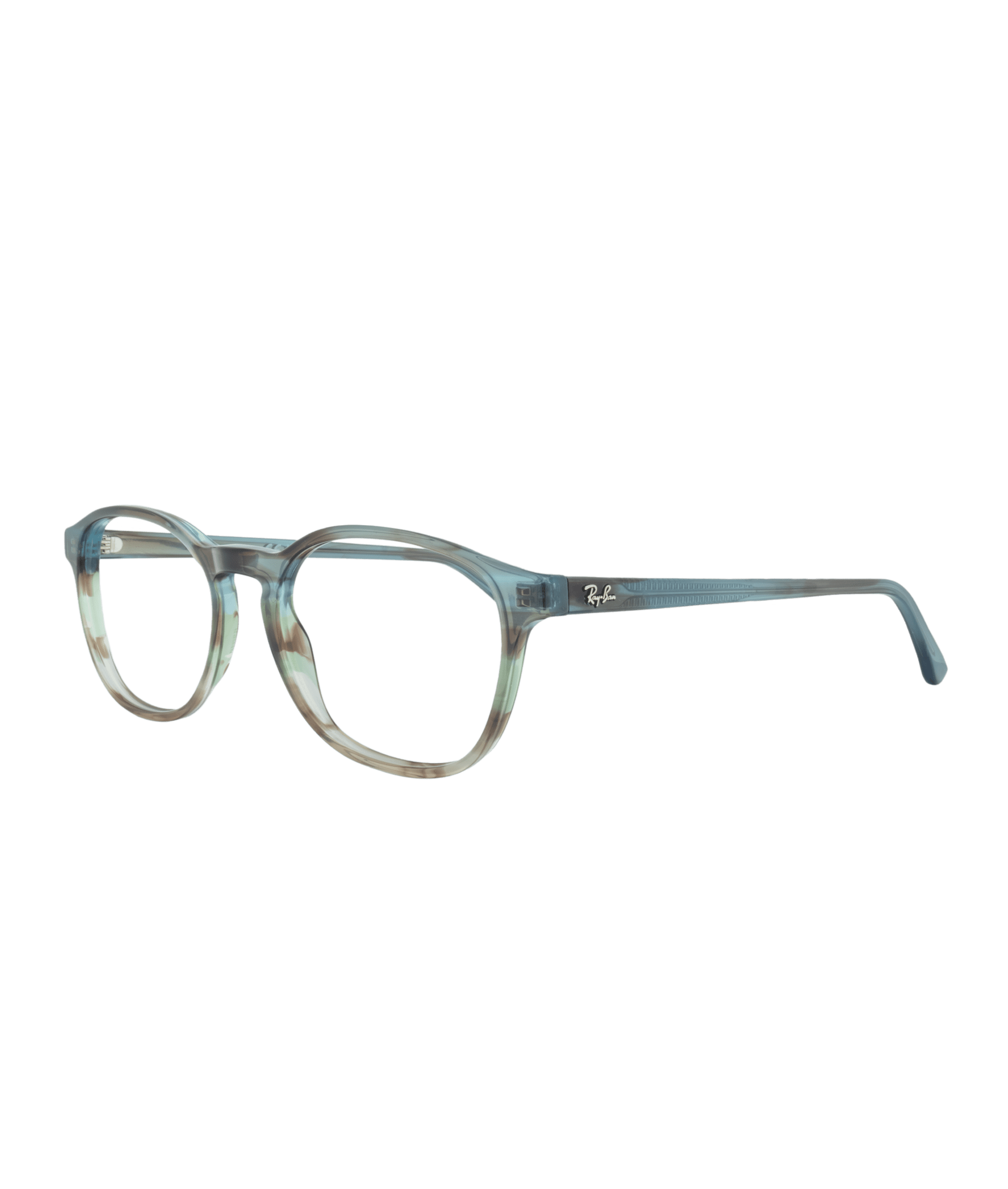 A pair of translucent, blue-green round eyeglasses with thick frames and a subtle Ray-Ban logo on the temple arm, available at La lunetterie VU à Montréal, shown on a white background.