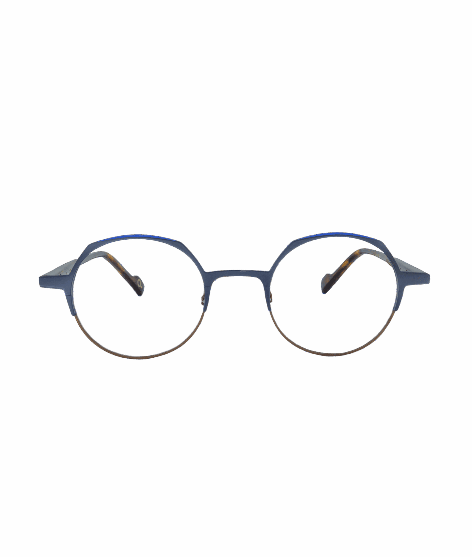 Round blue eyeglasses with thin metal frames and slightly curved temples, displayed on a white background. Discover this stylish pair at La lunetterie VU à Montréal.