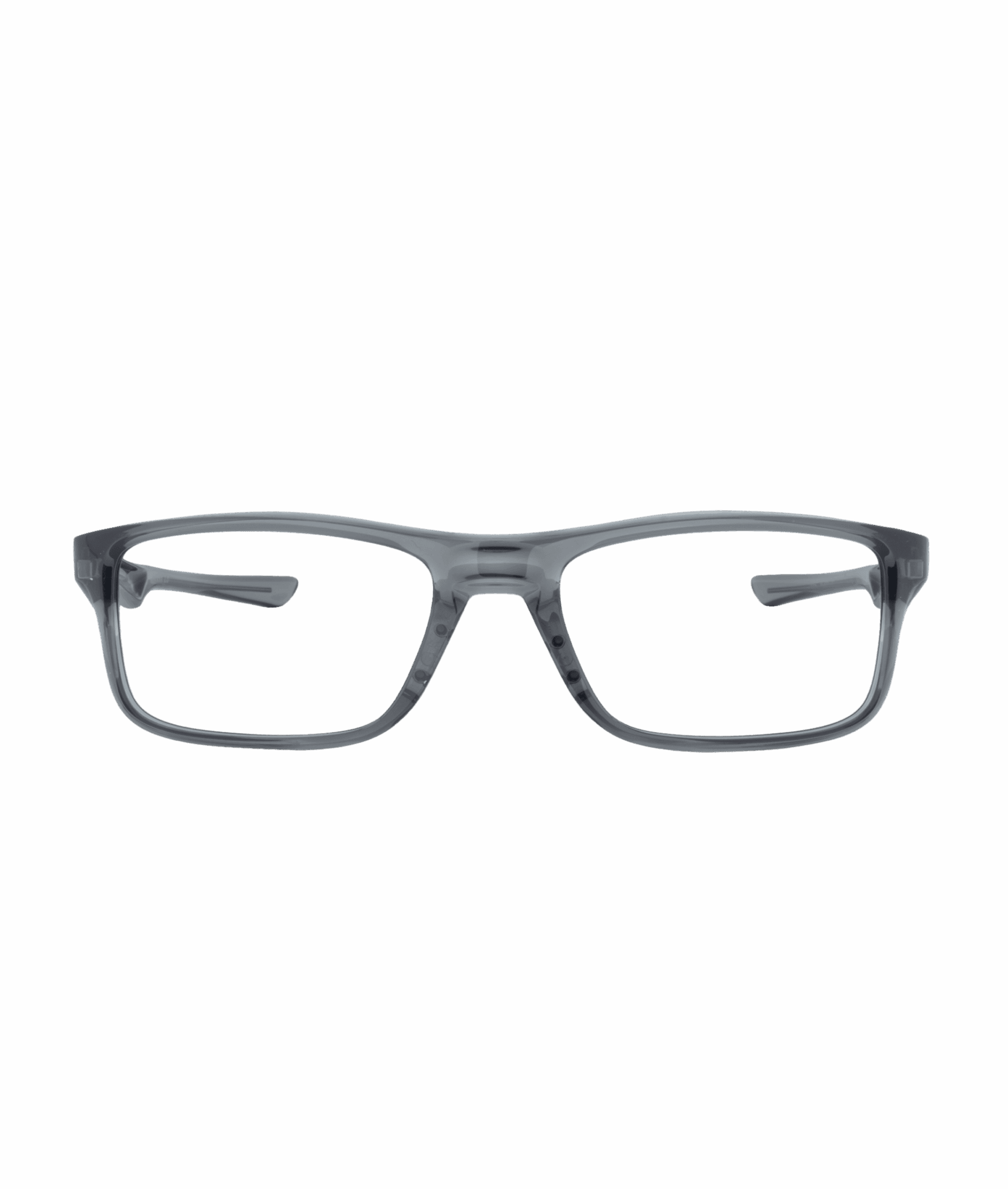 Rectangular eyeglasses from La lunetterie VU à Montréal feature a translucent gray plastic frame, viewed from the front against a plain white background. The temples are slightly curved outward.
