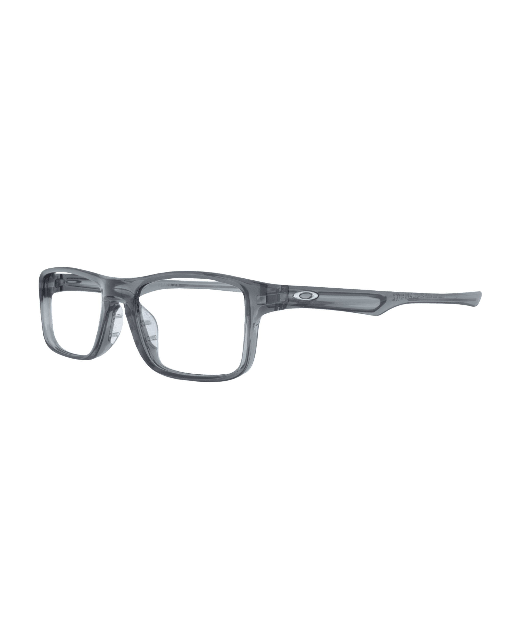 PLANK-2.0 est une monture de lunettes rectangulaire transparente en gris translucide avec le logo Oakley sur la branche, sur fond blanc. Trouvez ce style à La lunetterie VU à Montréal.