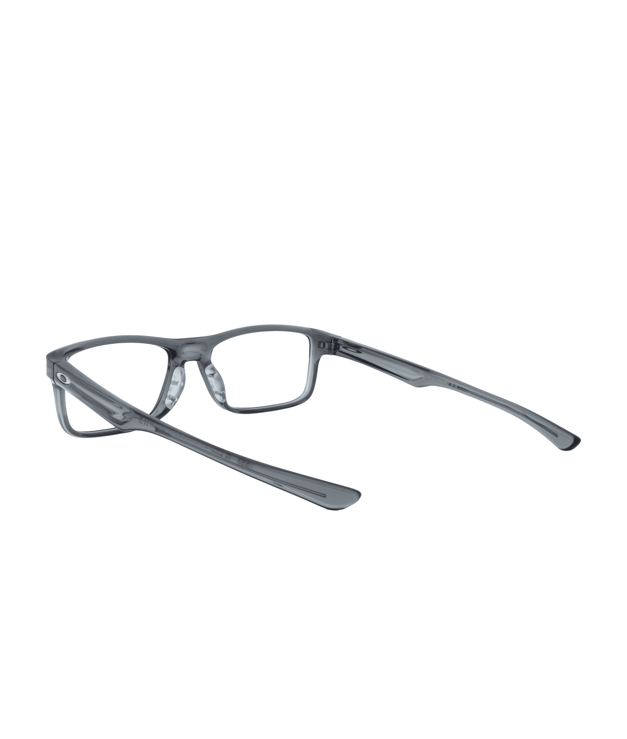 Monture de lunettes rectangulaire gris translucide (PLANK-2.0) présentée de l'arrière avec les bras ouverts sur un fond blanc uni, fabriquée par La lunetterie VU à Montréal.