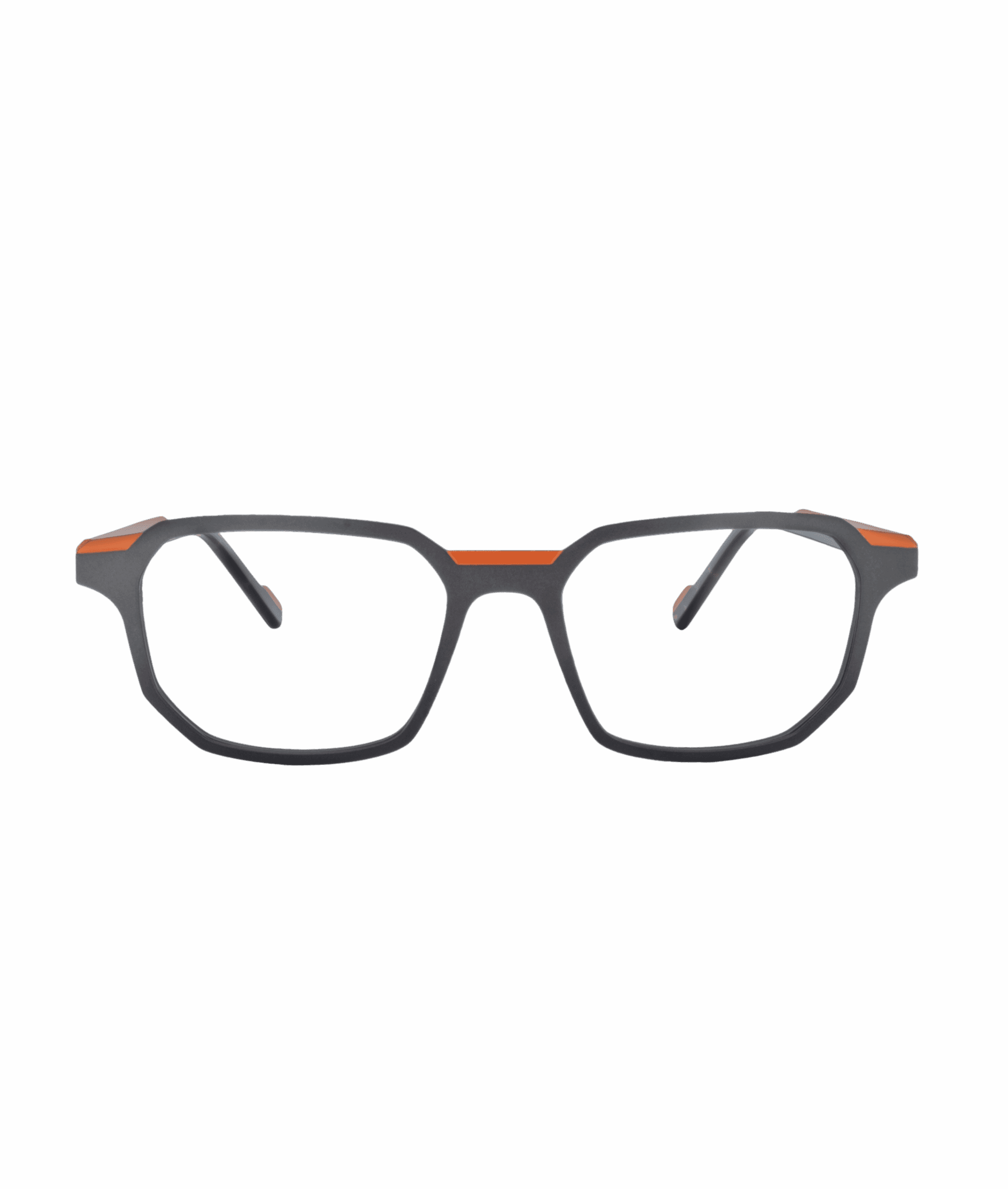 POEME : Lunettes rectangulaires noires avec de subtils accents orange sur le bord supérieur et les branches, fabriquées avec soin par La lunetterie VU à Montréal et présentées sur un fond blanc.