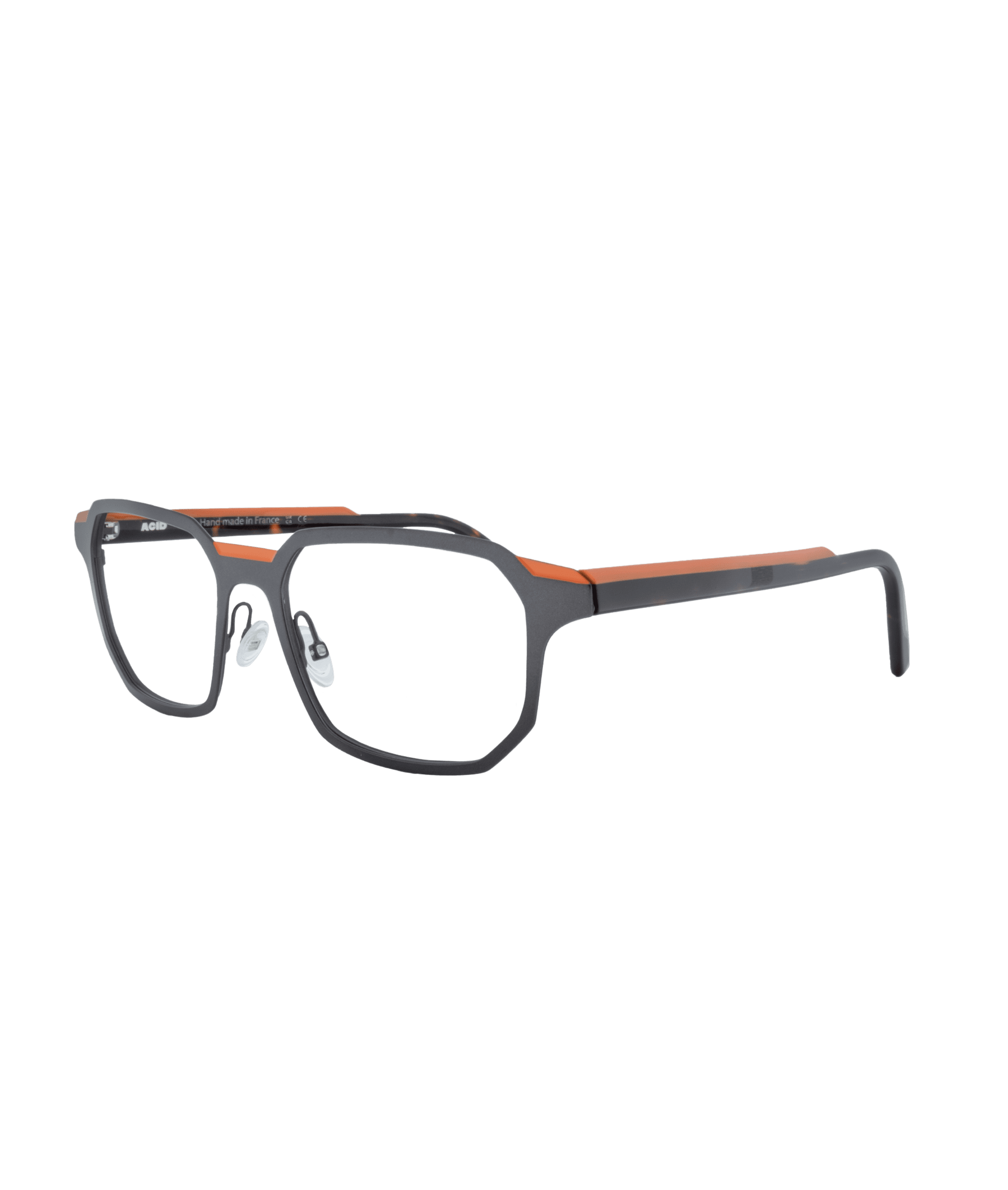Les lunettes POEME sont dotées d'une monture rectangulaire noire avec des accents orange le long du bord supérieur et des branches, sur fond blanc. Découvrez ce style moderne à la lunetterie VU à Montréal.