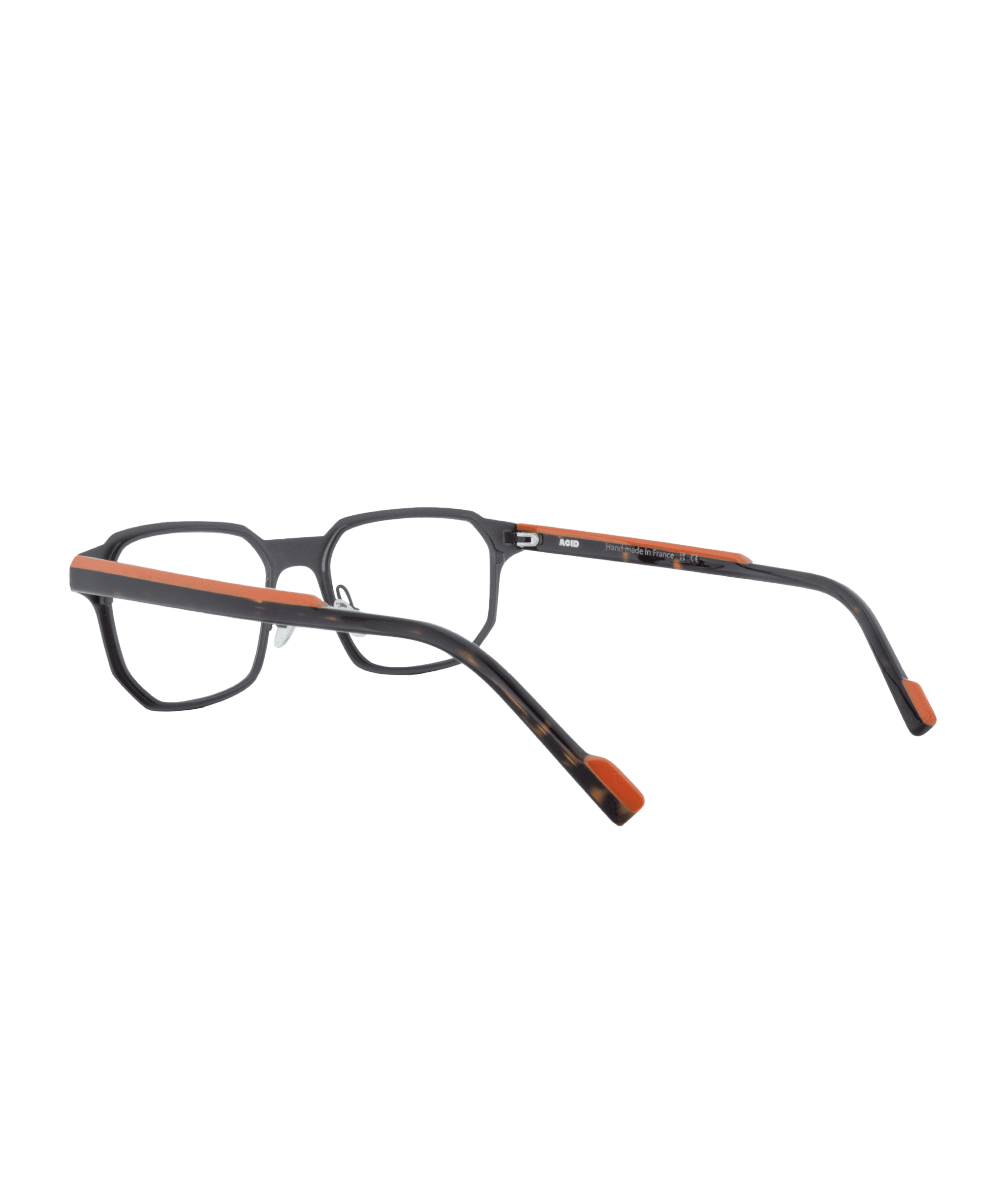POEME : Lunettes rectangulaires noires avec des accents orange sur les branches et les oreillettes, vues de côté sur un fond blanc. Disponible à la lunetterie VU à Montréal.