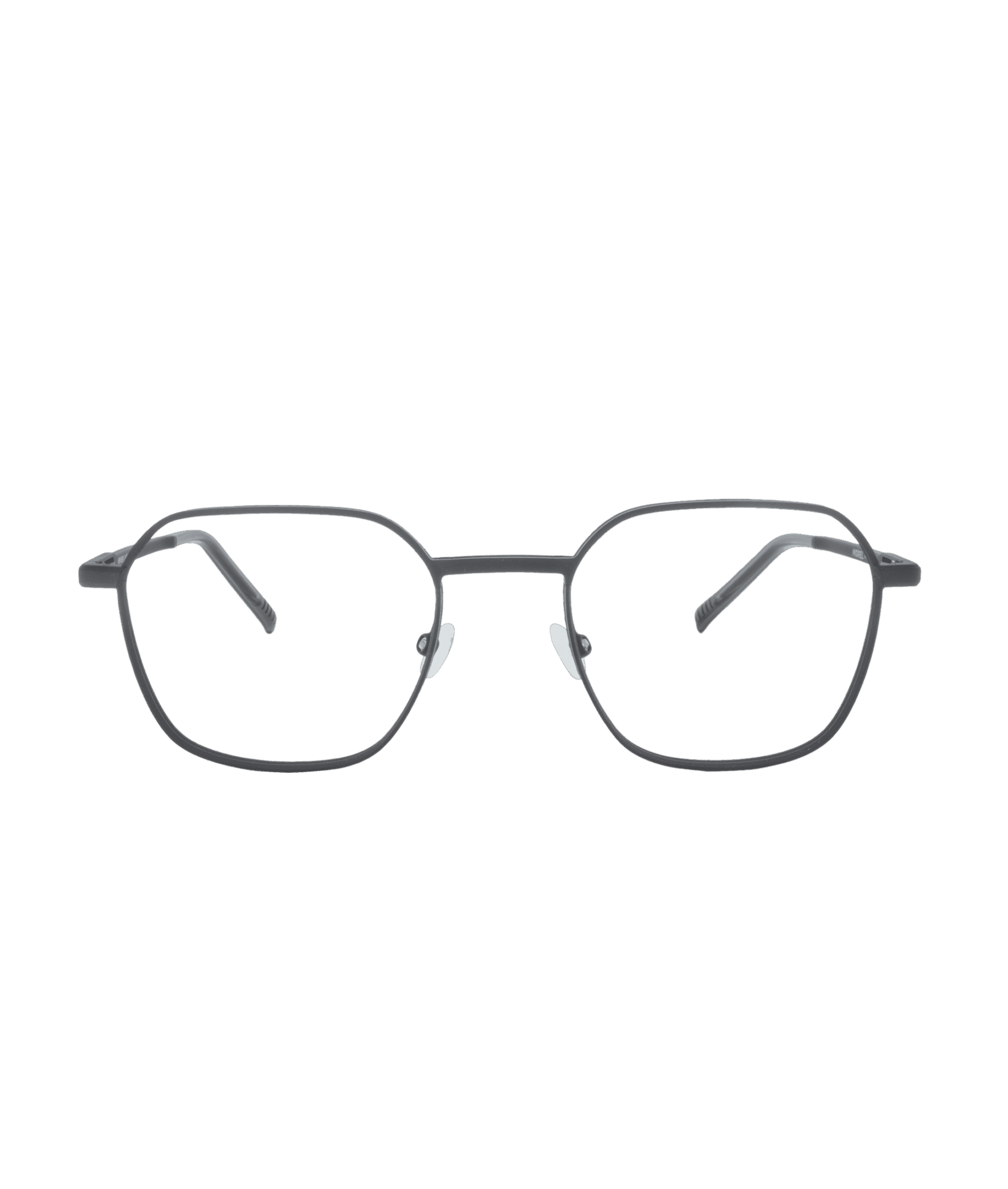 A pair of black, thin-rimmed eyeglasses with rectangular lenses and adjustable nose pads from La lunetterie VU à Montréal, displayed against a plain white background.