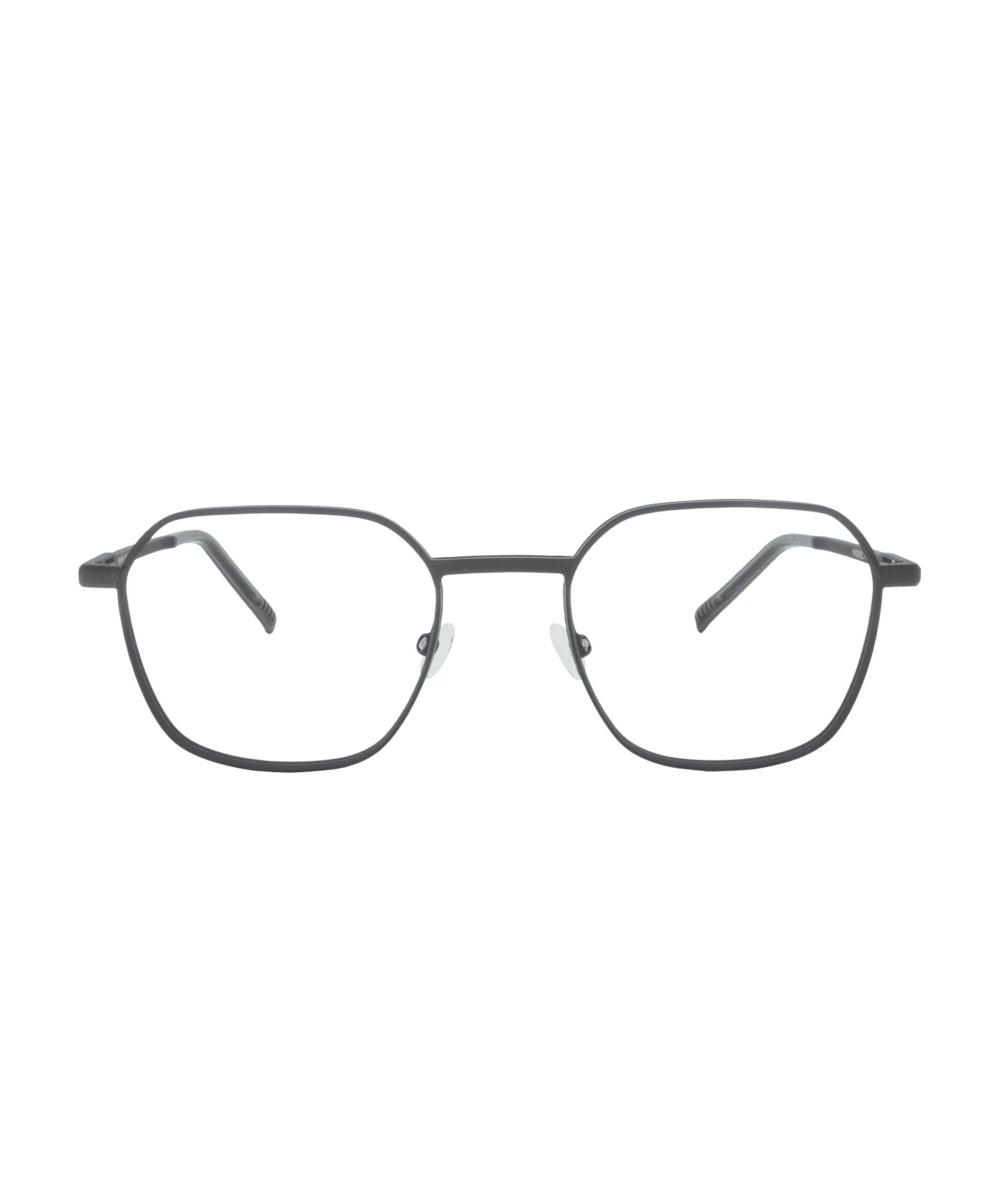 A pair of black, thin-rimmed eyeglasses with rectangular lenses and adjustable nose pads from La lunetterie VU à Montréal, displayed against a plain white background.