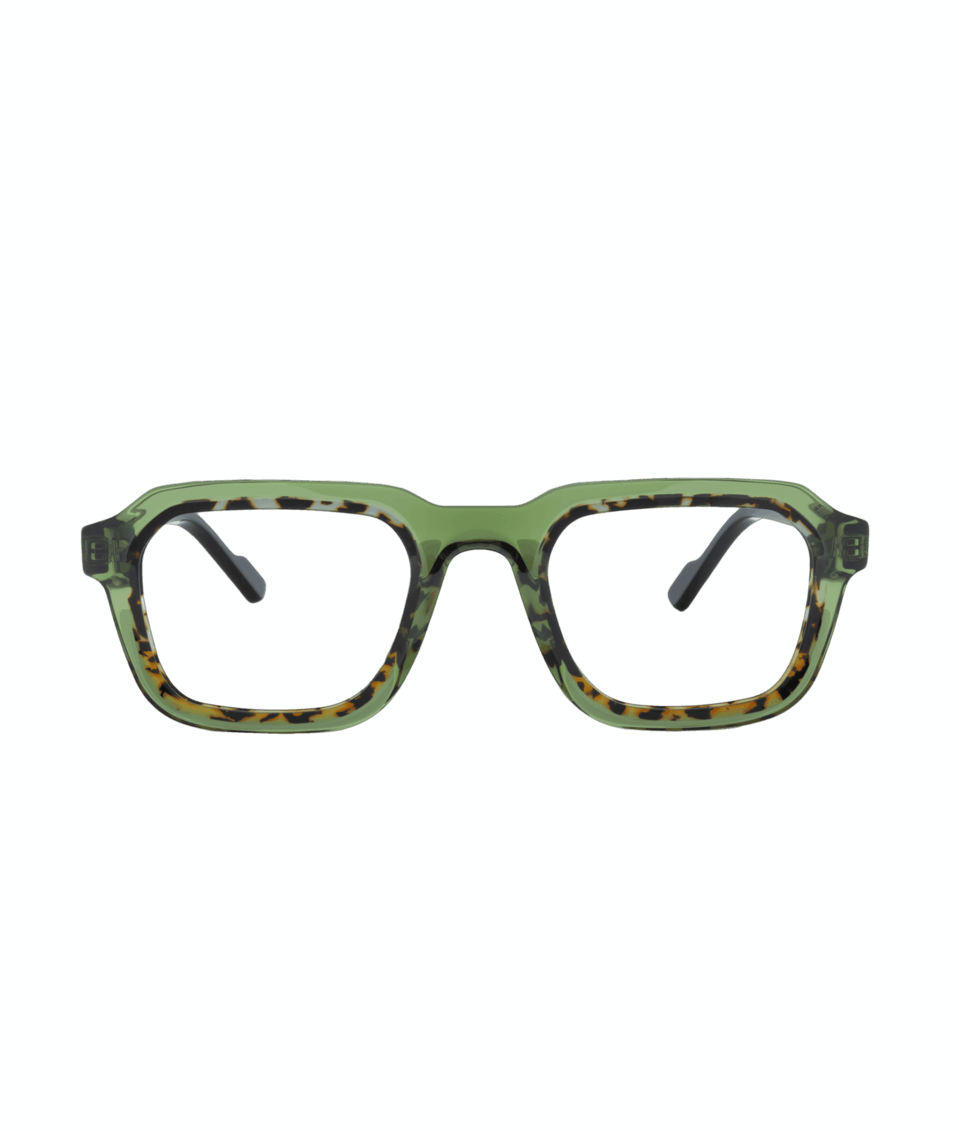 A pair of eyeglasses from La lunetterie VU à Montréal, featuring square green frames with tortoiseshell detailing on the inner edges, shown from the front against a plain white background.