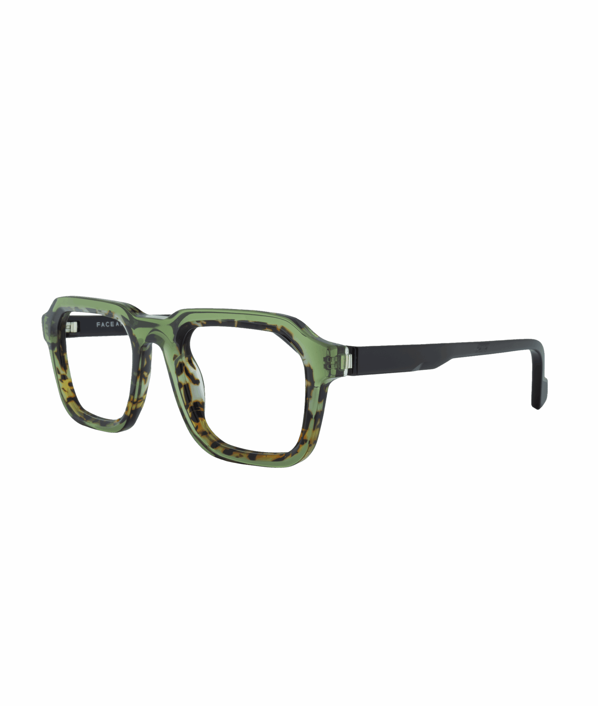An elegant rectangular frame with softened angles, featuring a semi-transparent green infused with a delicately veined, speckled brown outline full of character. This subtle chromatic harmony highlights the balance between contemporary geometry and luminous transparency, creating a visual effect that is both refined and full of personality.