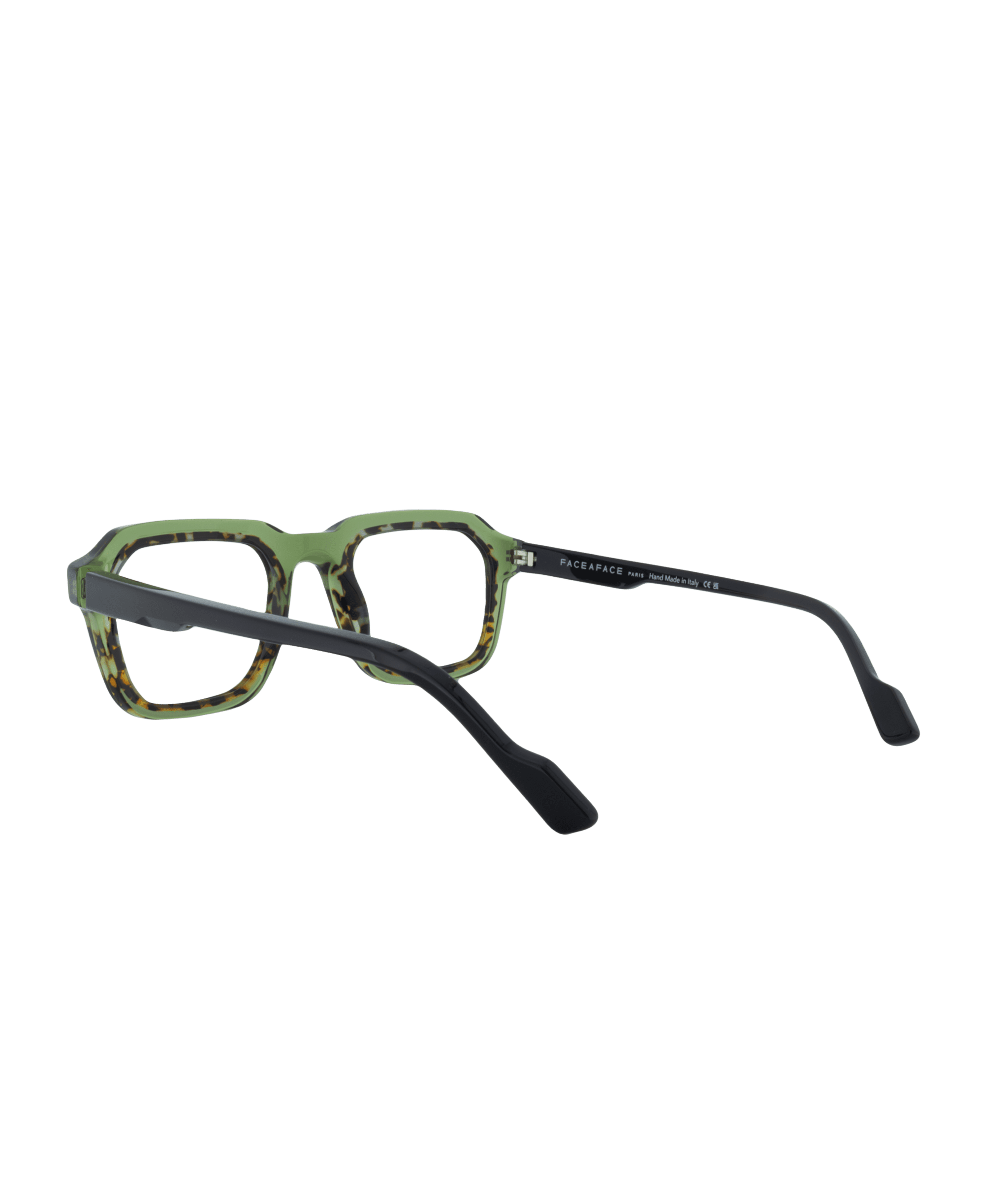 Les lunettes BARRY2 de La Lunetterie VU à Montréal présentent une monture rectangulaire verte et noire avec un motif épais et des branches noires, sur fond blanc.