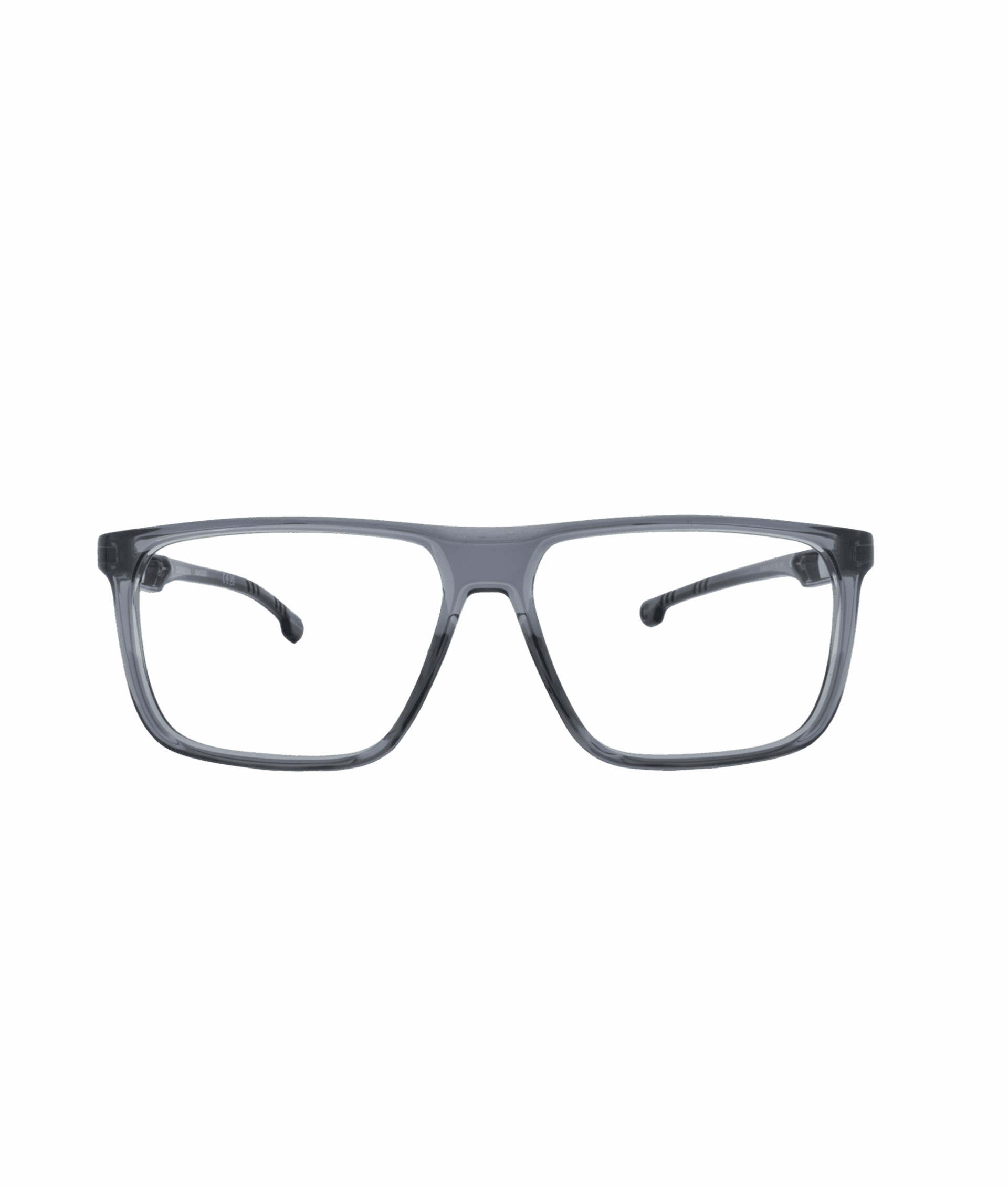 Les lunettes CARDUC032 sont dotées d'une monture rectangulaire grise transparente aux branches fines et légèrement incurvées de la lunetterie VU à Montréal, présentée sur un fond blanc uni.