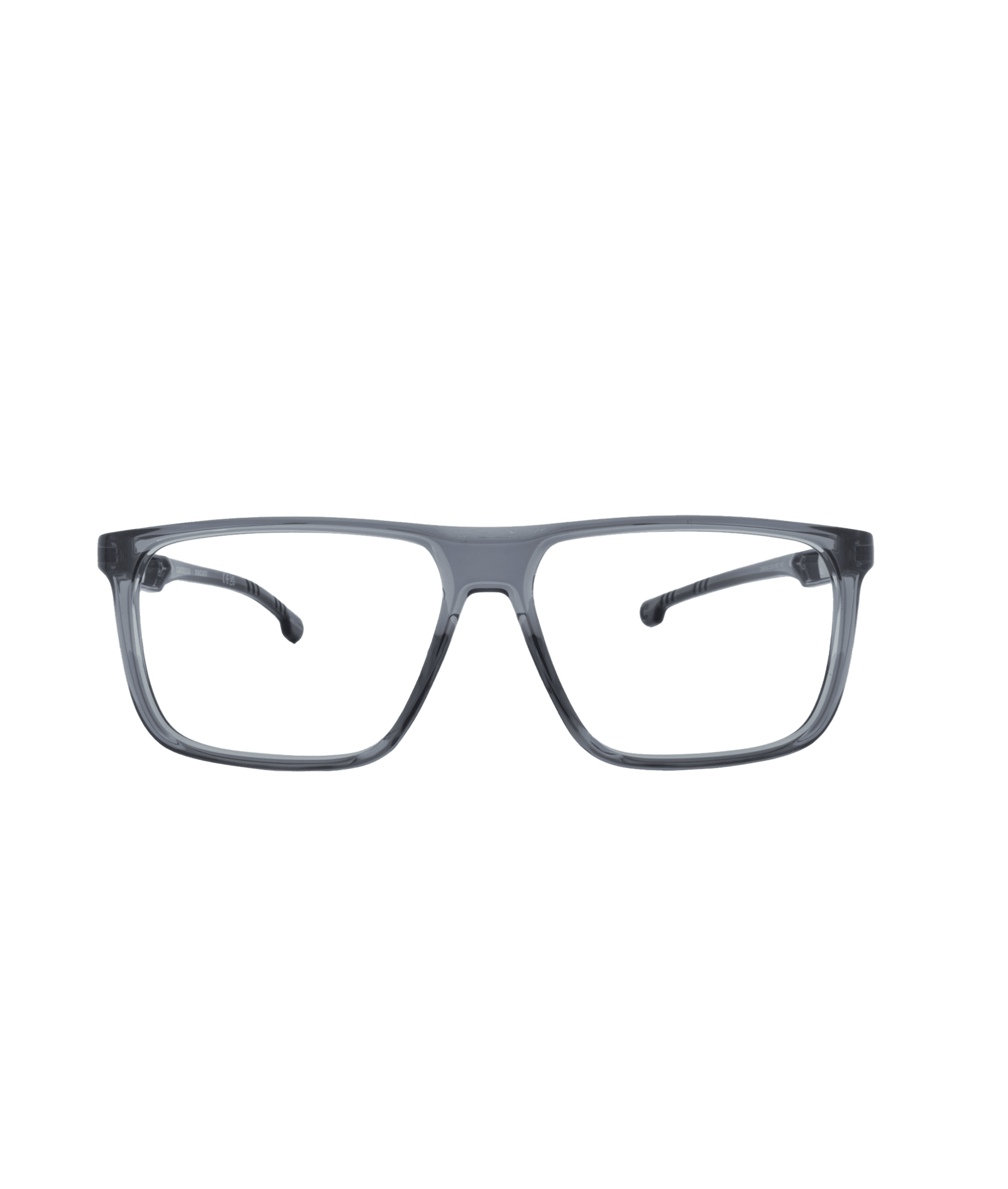 Les lunettes CARDUC032 sont dotées d'une monture rectangulaire grise transparente aux branches fines et légèrement incurvées de la lunetterie VU à Montréal, présentée sur un fond blanc uni.