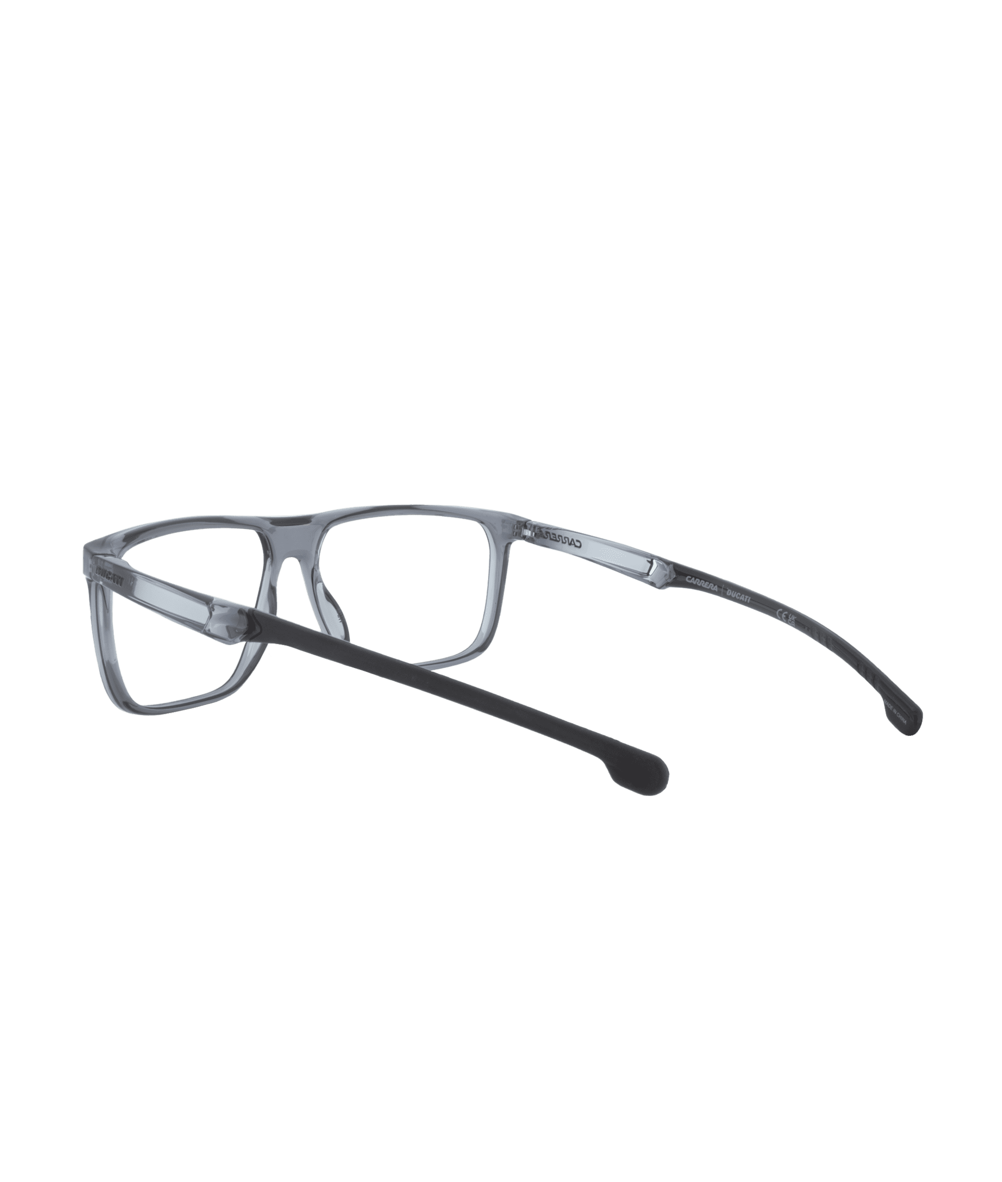 Lunettes rectangulaires transparentes CARDUC032 avec branches noires, montrées sur un fond blanc avec la branche gauche tendue vers vous. Découvrez le style raffiné de La lunetterie VU à Montréal.