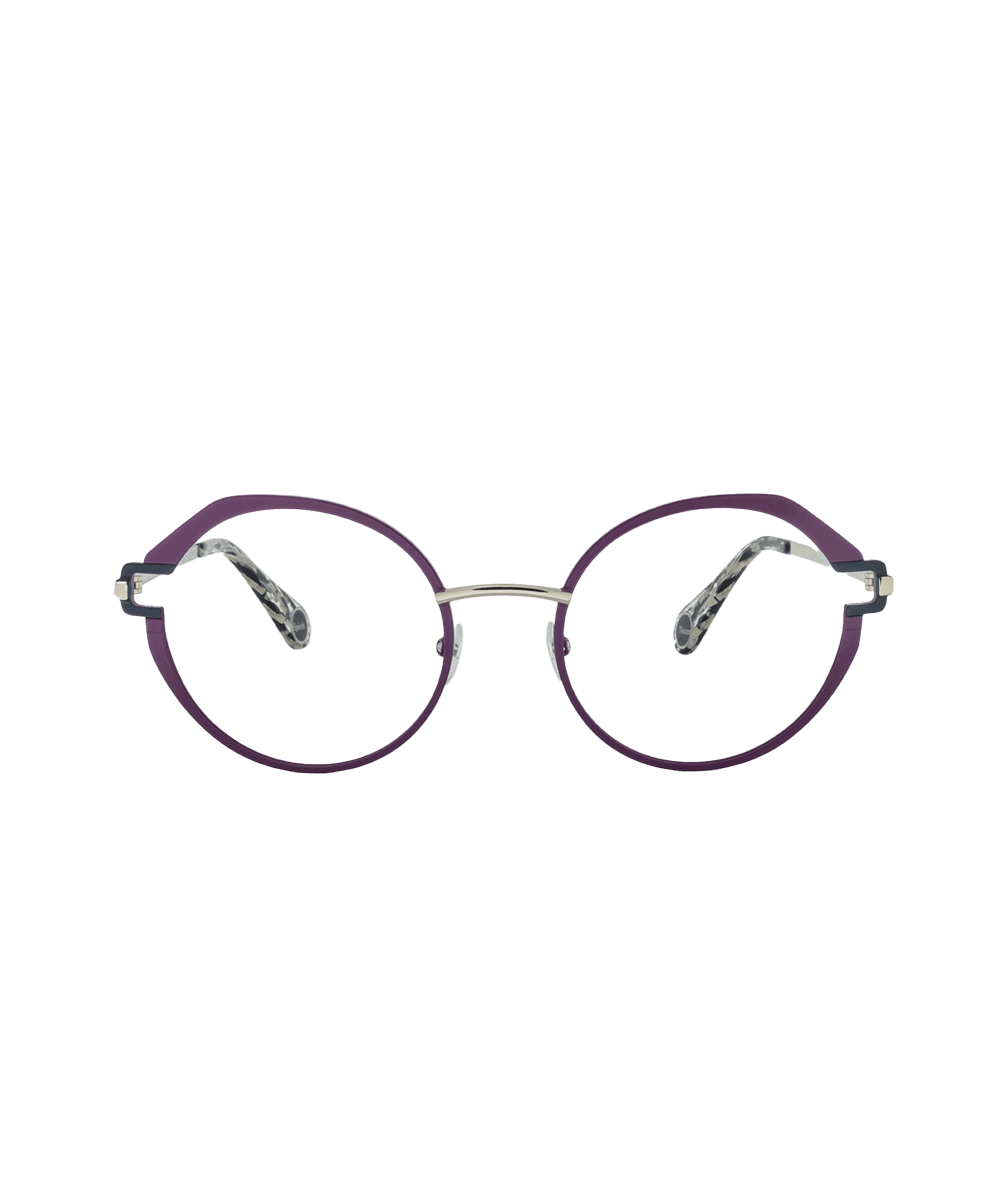 Round eyeglasses with purple rims, a thin silver bridge, and marbled black-and-white arms, displayed on a plain white background. Discover this unique style at La lunetterie VU à Montréal.