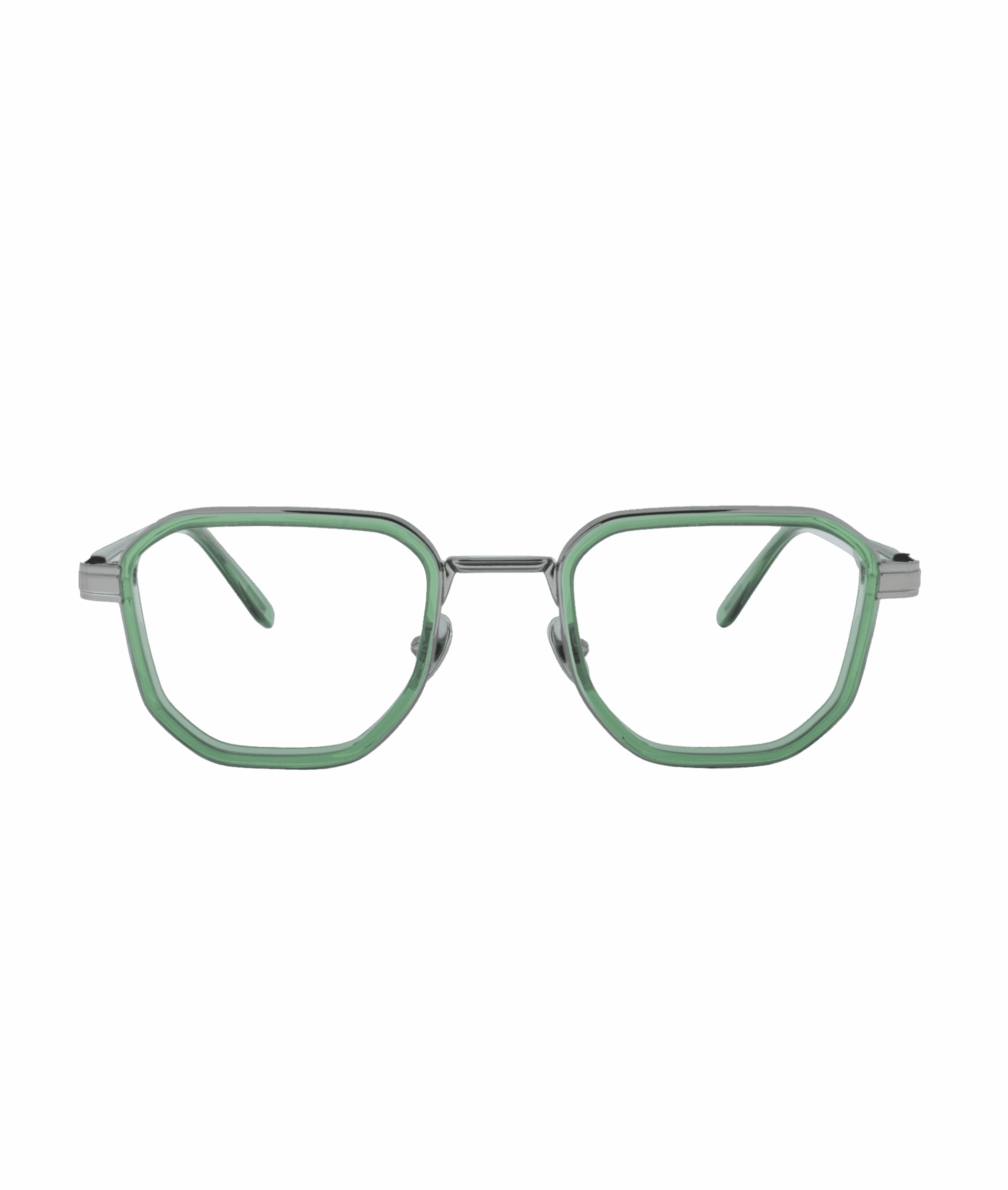A pair of eyeglasses from La lunetterie VU à Montréal with geometric, slightly hexagonal frames in translucent light green, shown facing forward on a plain white background.