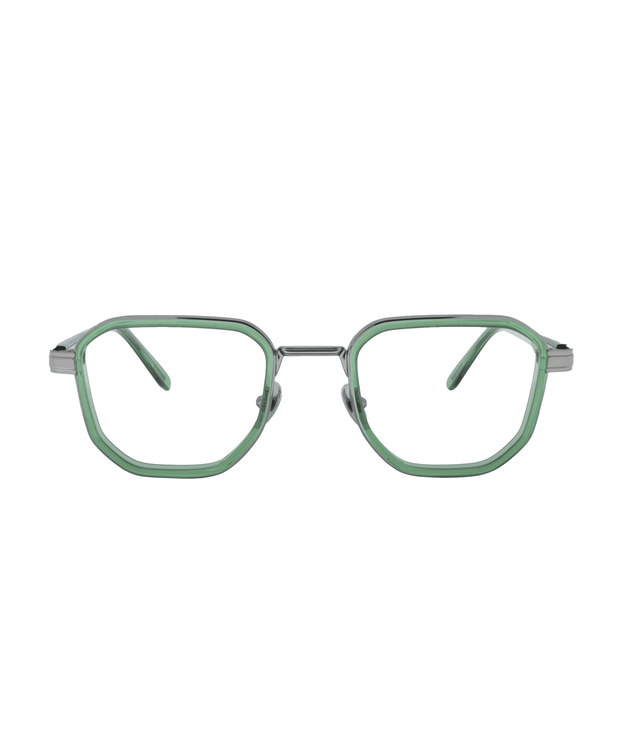 A pair of eyeglasses from La lunetterie VU à Montréal with geometric, slightly hexagonal frames in translucent light green, shown facing forward on a plain white background.