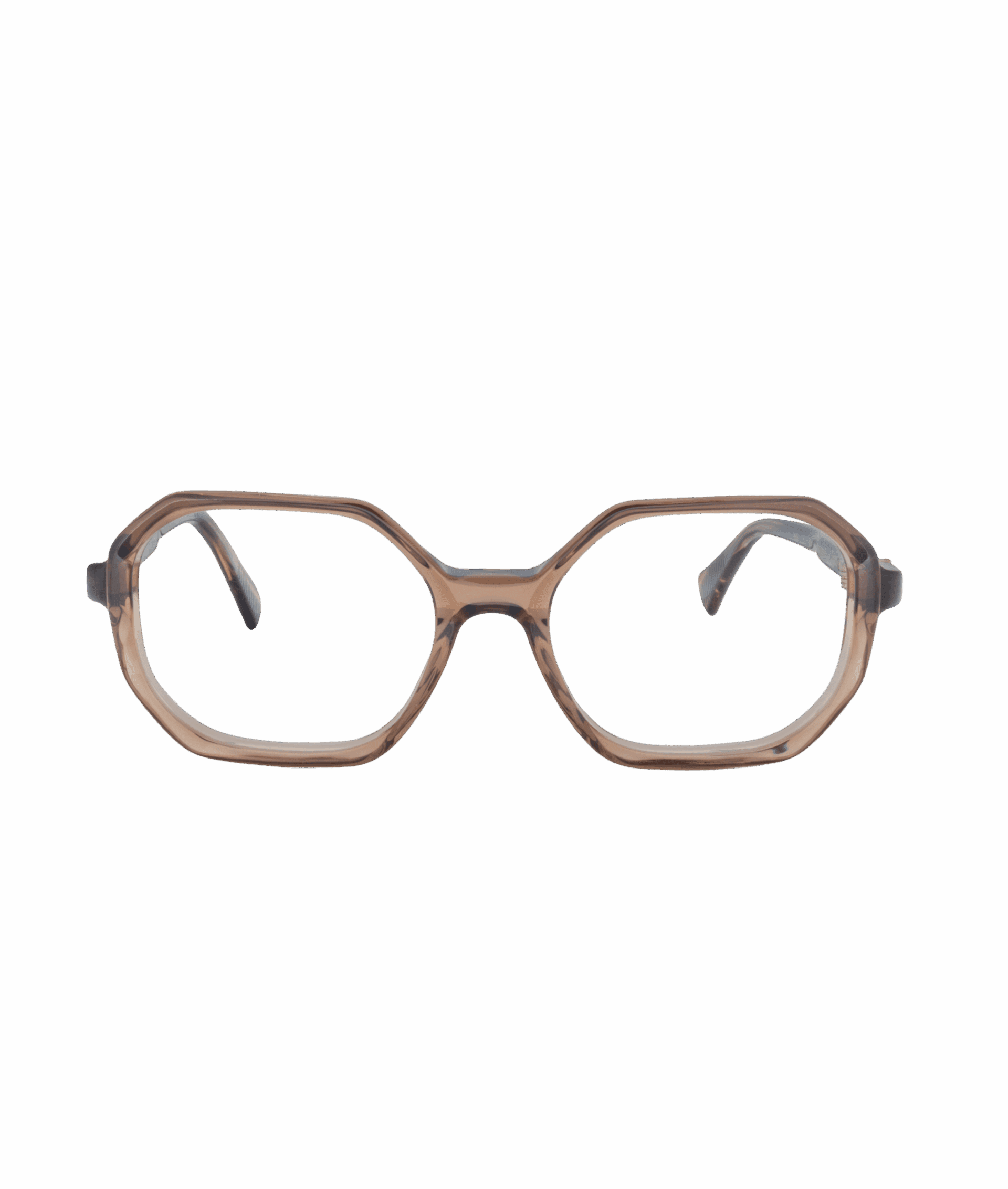 A pair of brown, geometric eyeglasses with thick, angular frames and slightly rounded edges, crafted by La lunetterie VU à Montréal and displayed against a plain white background.