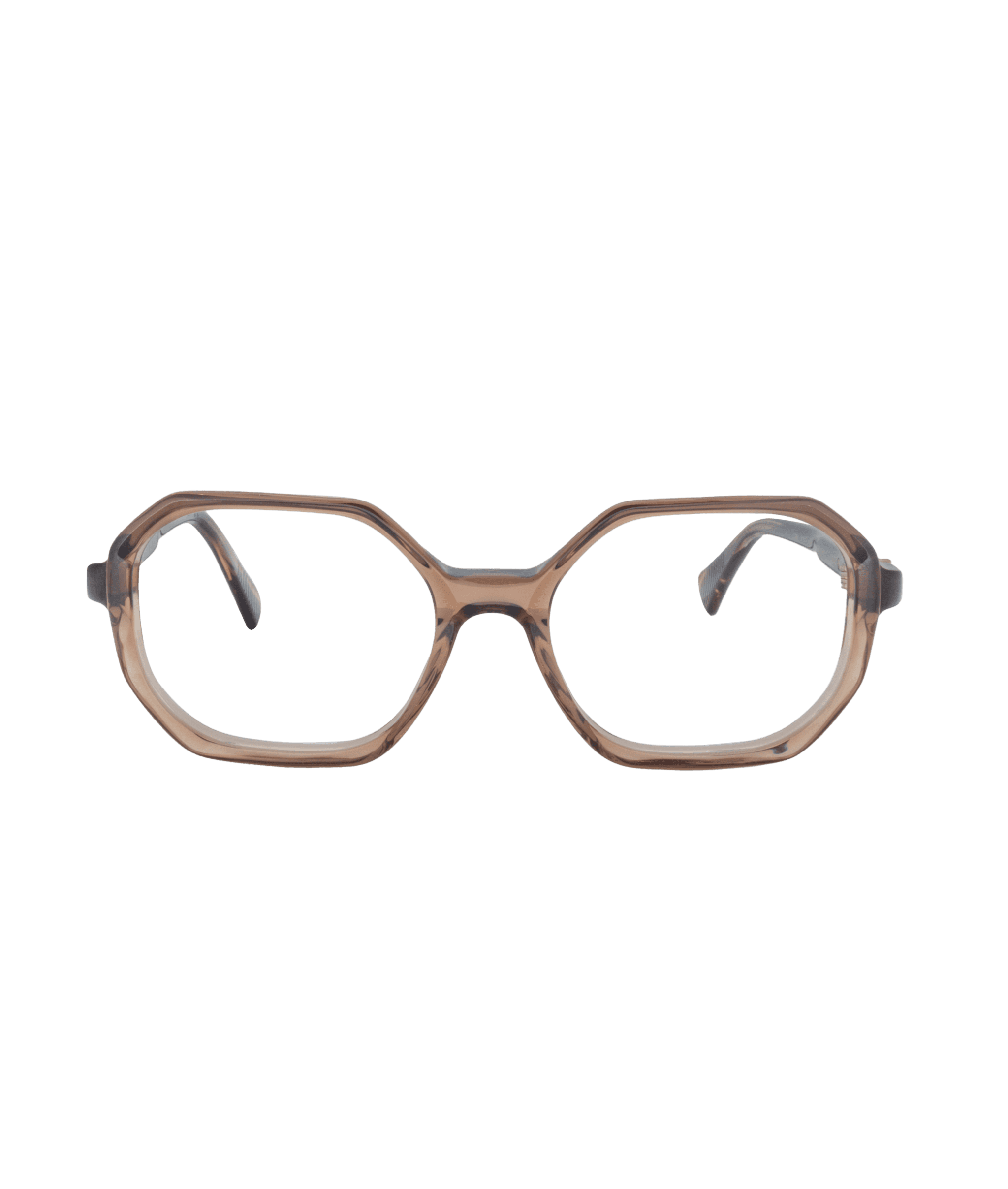 A pair of brown, geometric eyeglasses with thick, angular frames and slightly rounded edges, crafted by La lunetterie VU à Montréal and displayed against a plain white background.