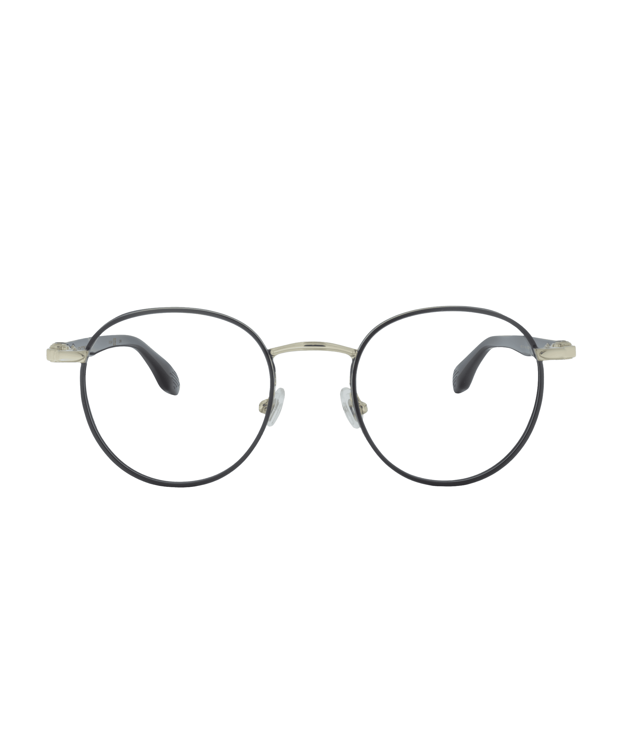 Round eyeglasses with thin black metal frames, clear lenses, and black arms, viewed from the front against a plain white background—crafted in the timeless style of La lunetterie VU à Montréal.